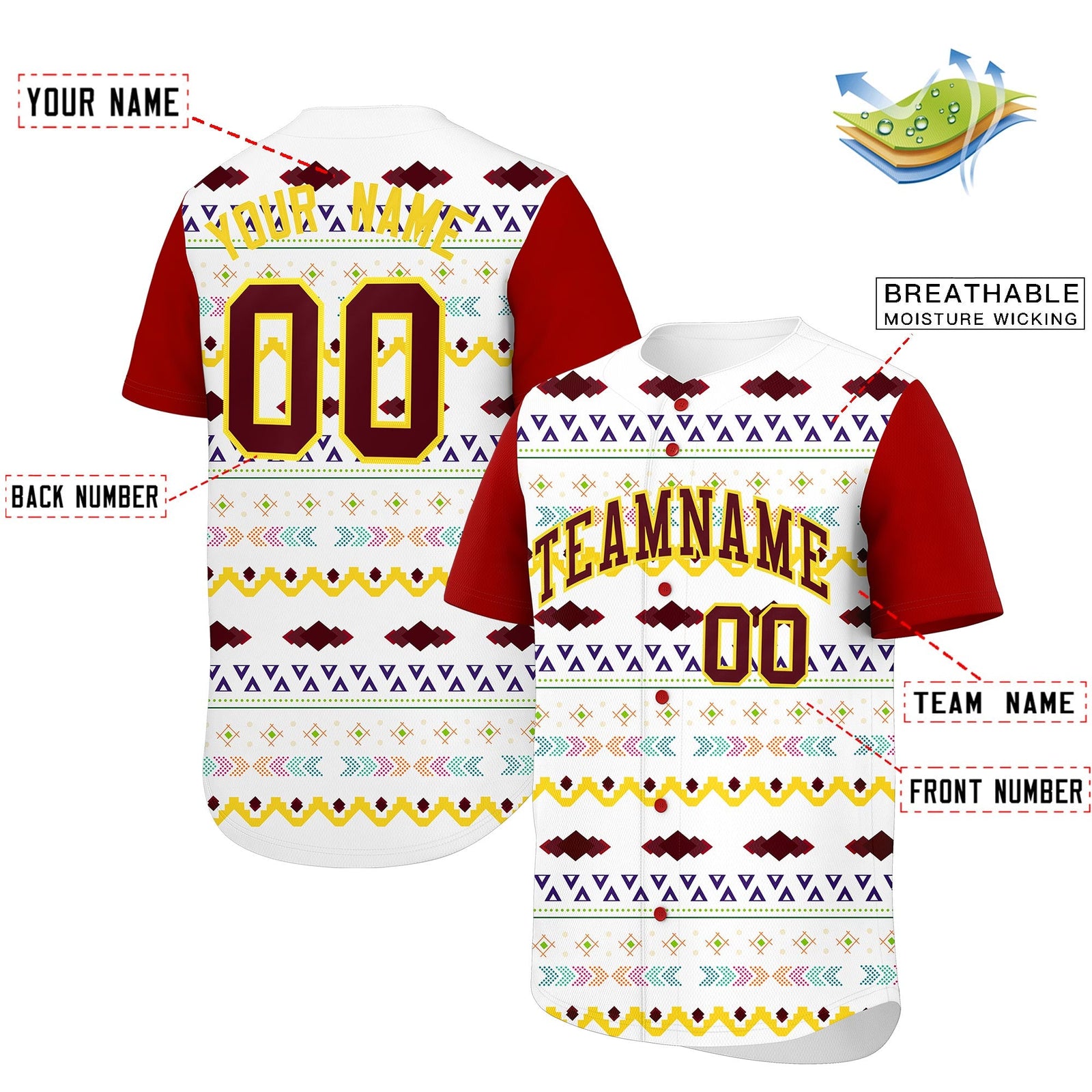 Custom White Red Gold Mexican style Breathable Baseball Jersey| KXKSHOP