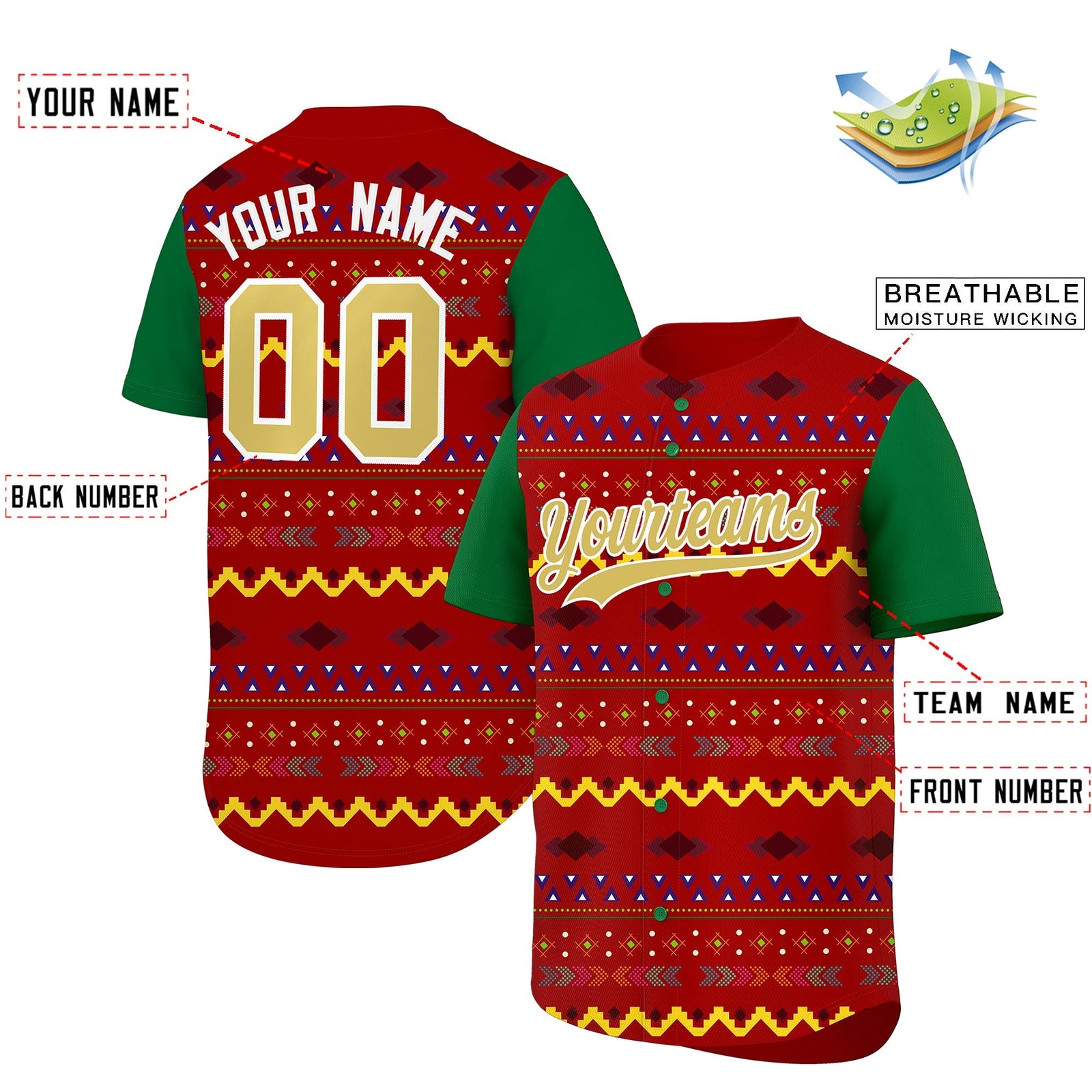 Custom Red Kelly Green White Mexican style Breathable Baseball Jersey| KXKSHOP