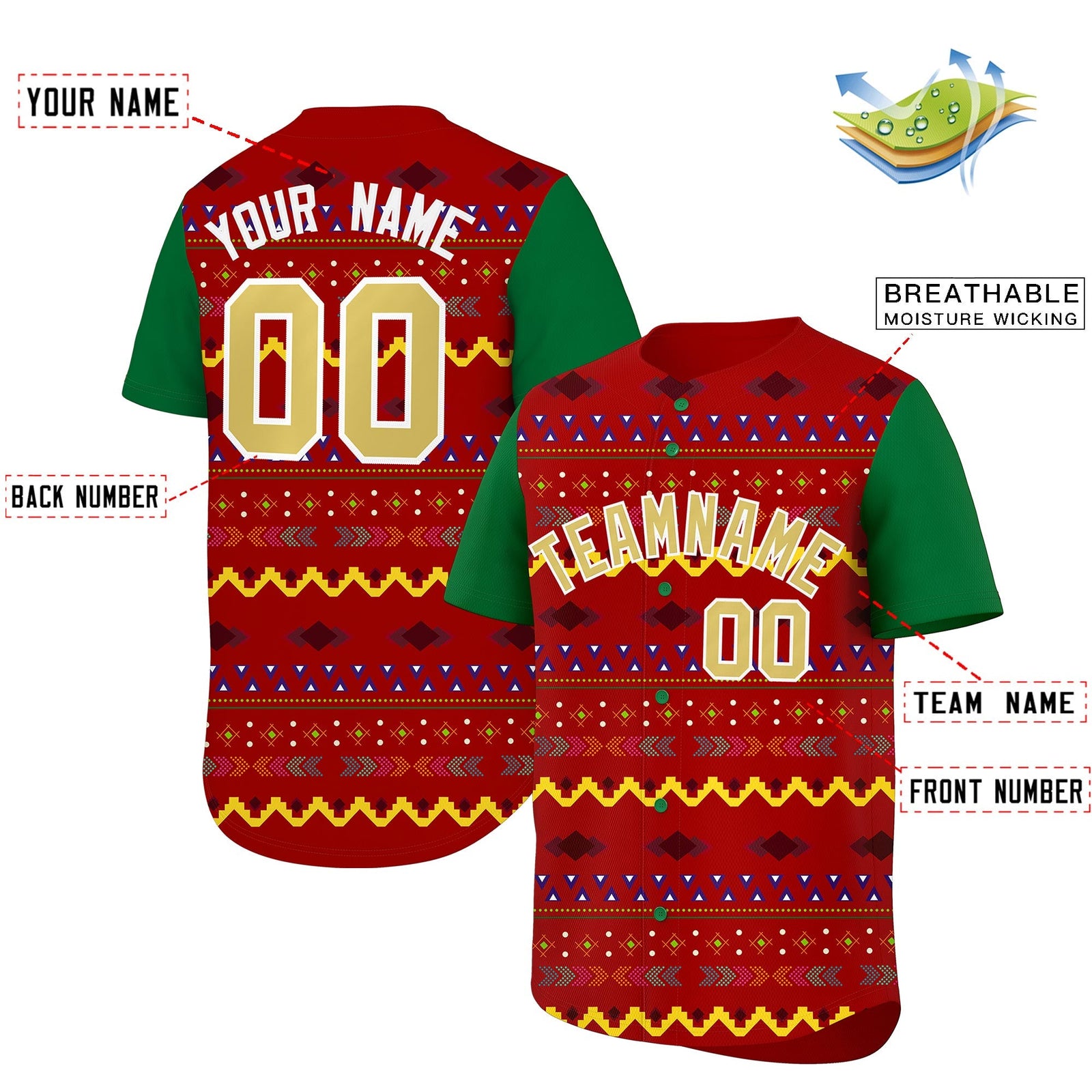 Custom Red Kelly Green White Mexican style Breathable Baseball Jersey| KXKSHOP