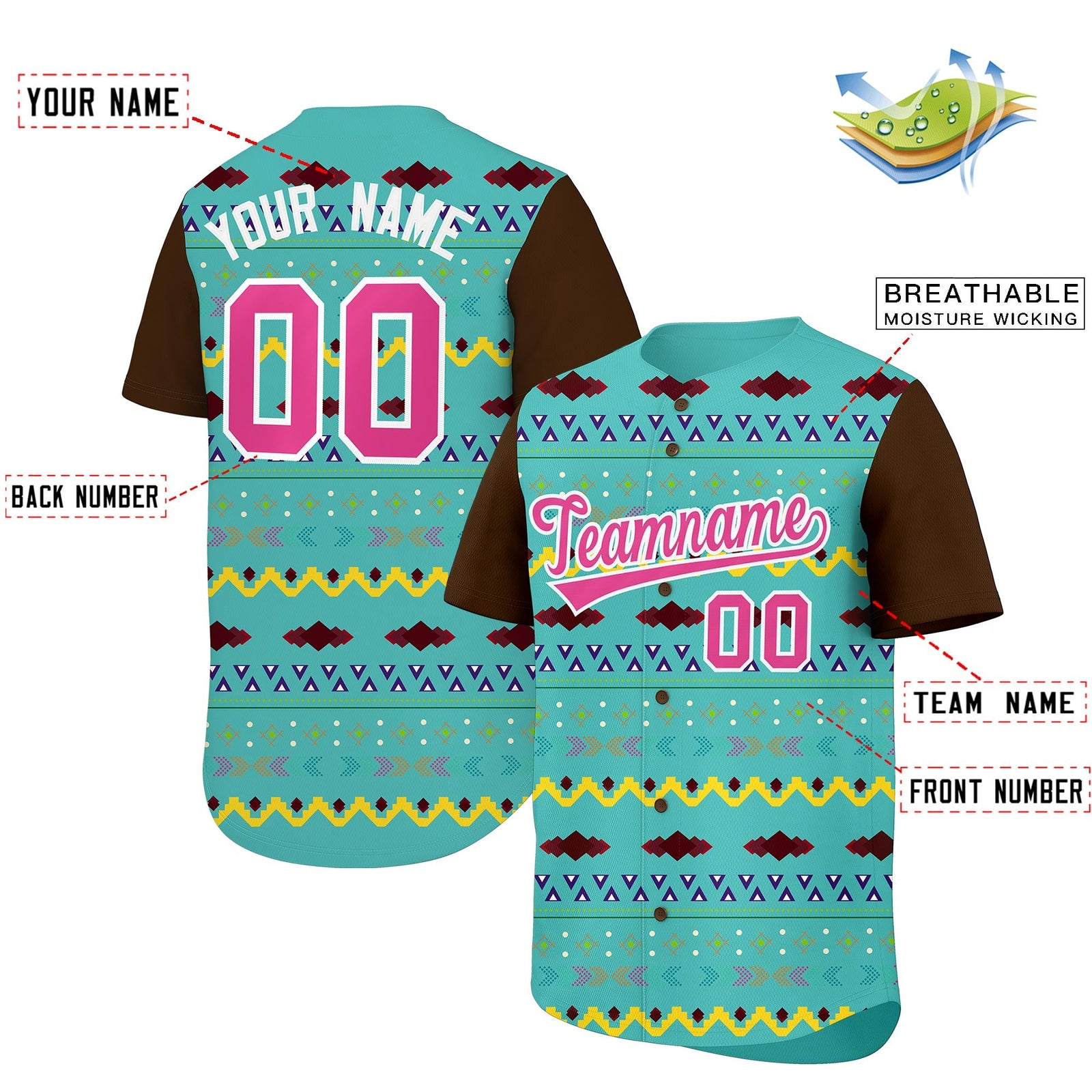 Custom Teal Brown White Mexican style Breathable Baseball Jersey| KXKSHOP