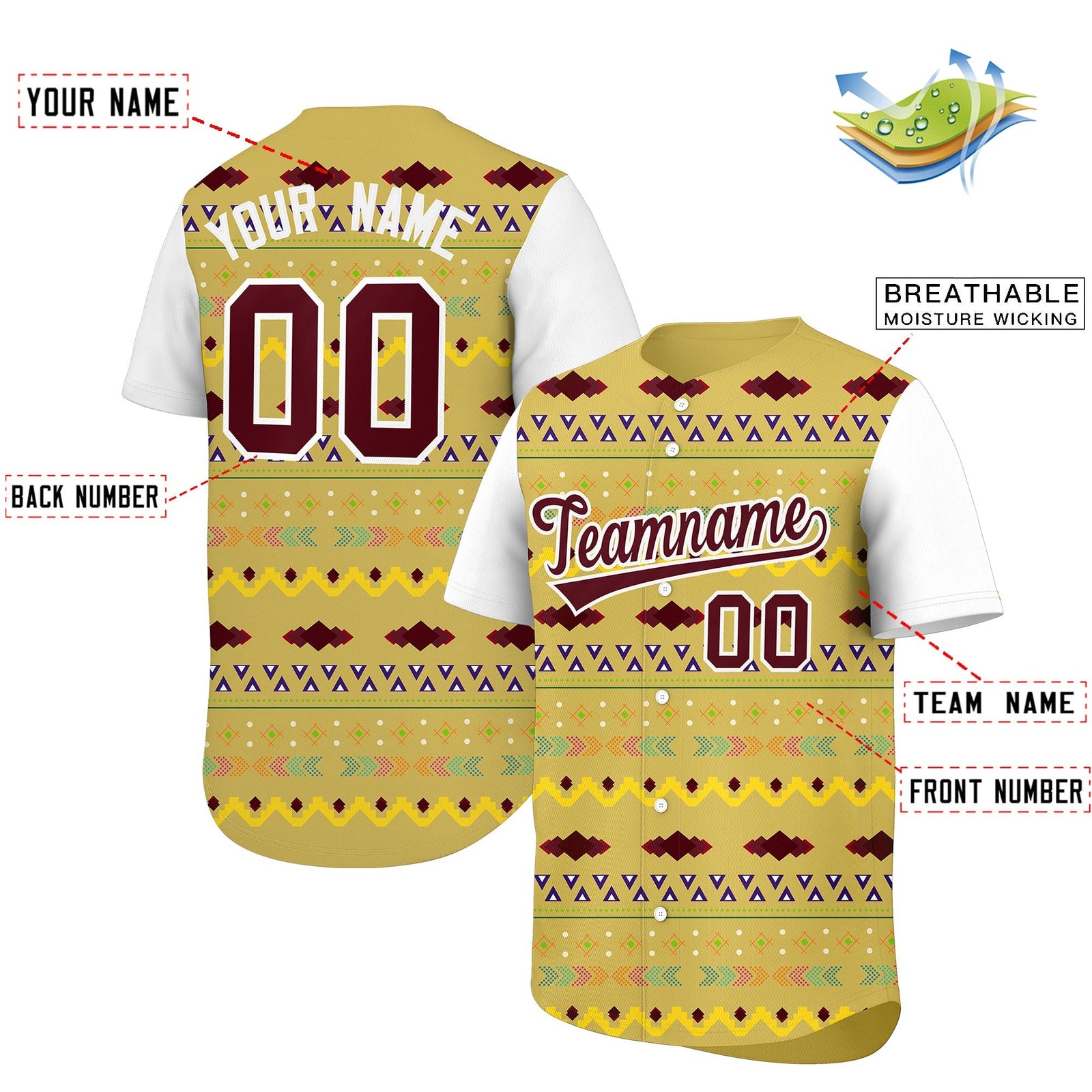 Custom Old Gold White Burgundy Mexican style Stretch Fabric Baseball Jersey| KXKSHOP