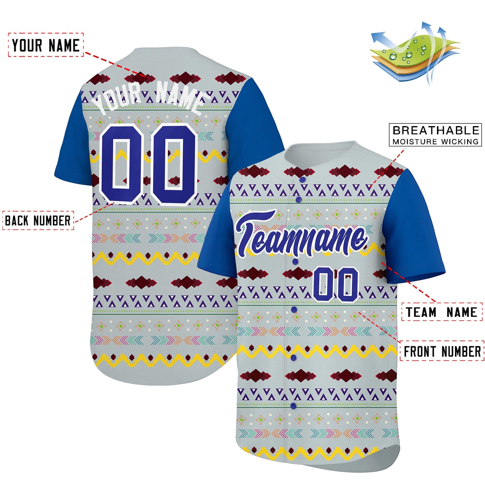Custom Silver Royal White Mexican style Stretch Fabric Baseball Jersey| KXKSHOP