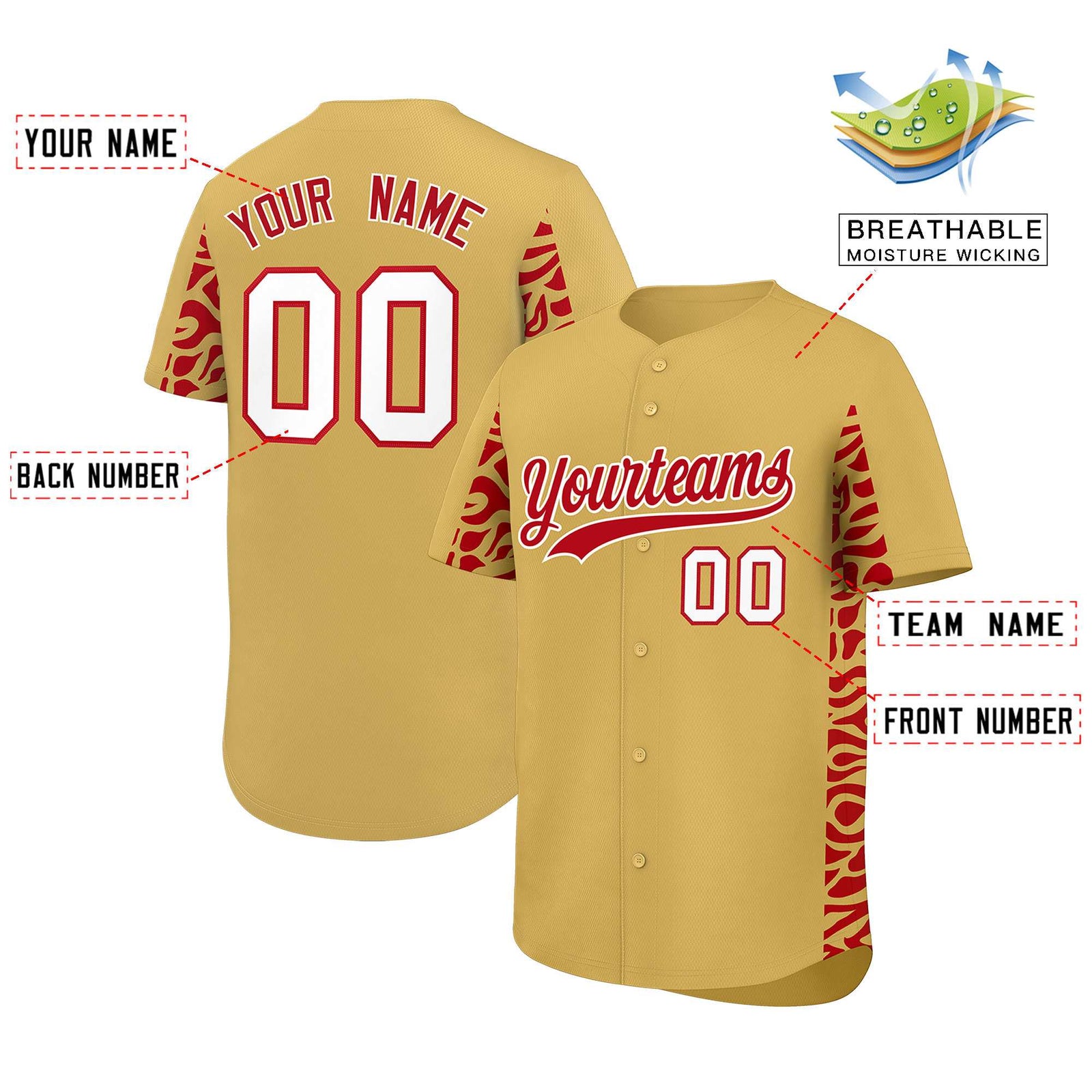 Custom Old Gold Red Personalized Leopard Graffiti Pattern Side Design Authentic Baseball Jersey