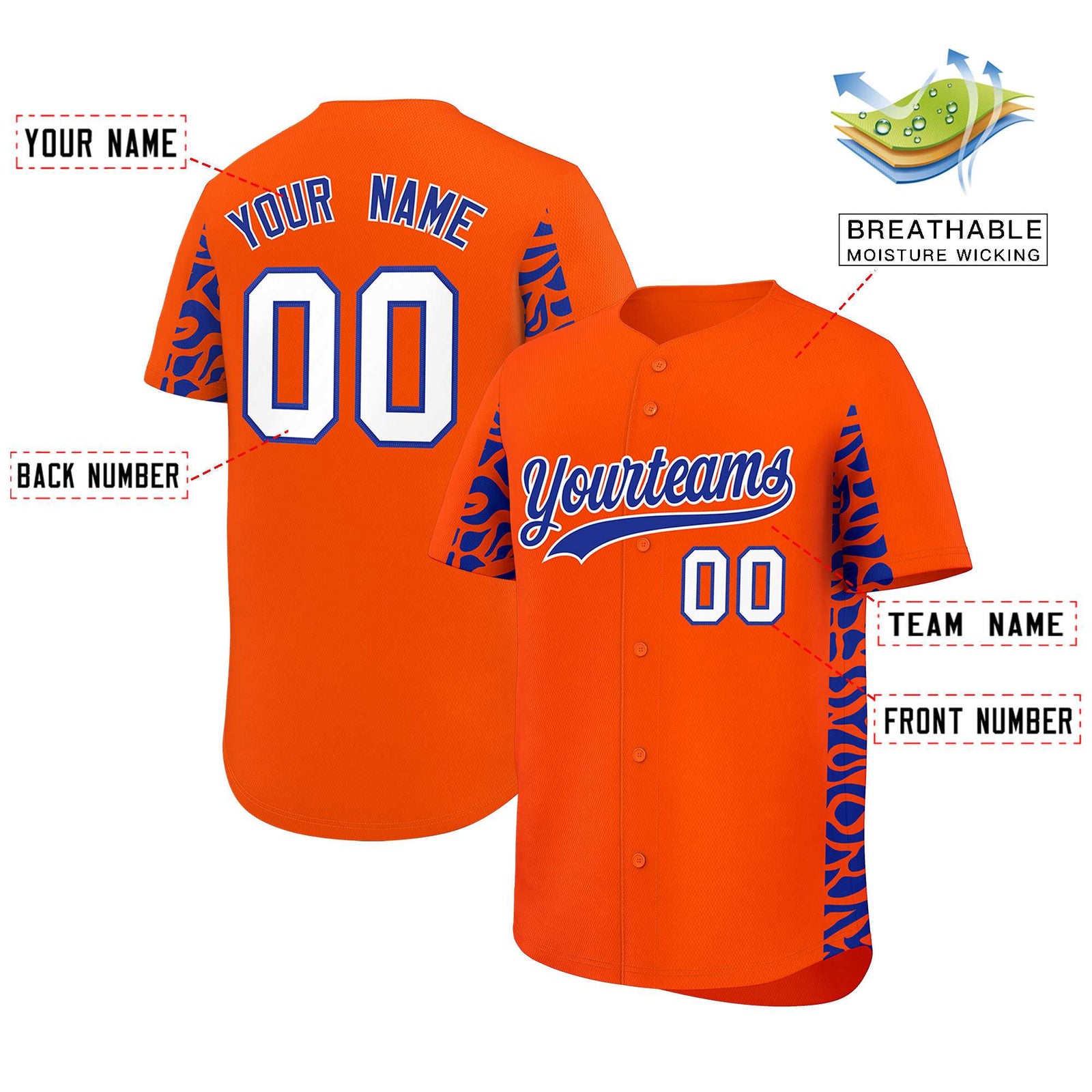 Custom Orange Royal Personalized Leopard Graffiti Pattern Side Design Authentic Baseball Jersey