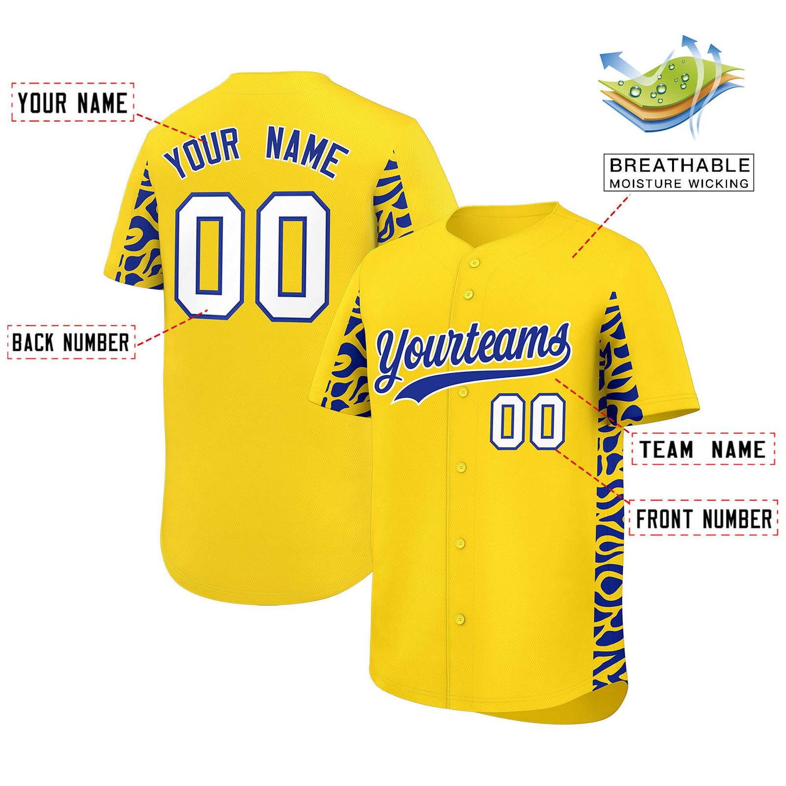 Custom Gold Royal Personalized Leopard Graffiti Pattern Side Design Authentic Baseball Jersey