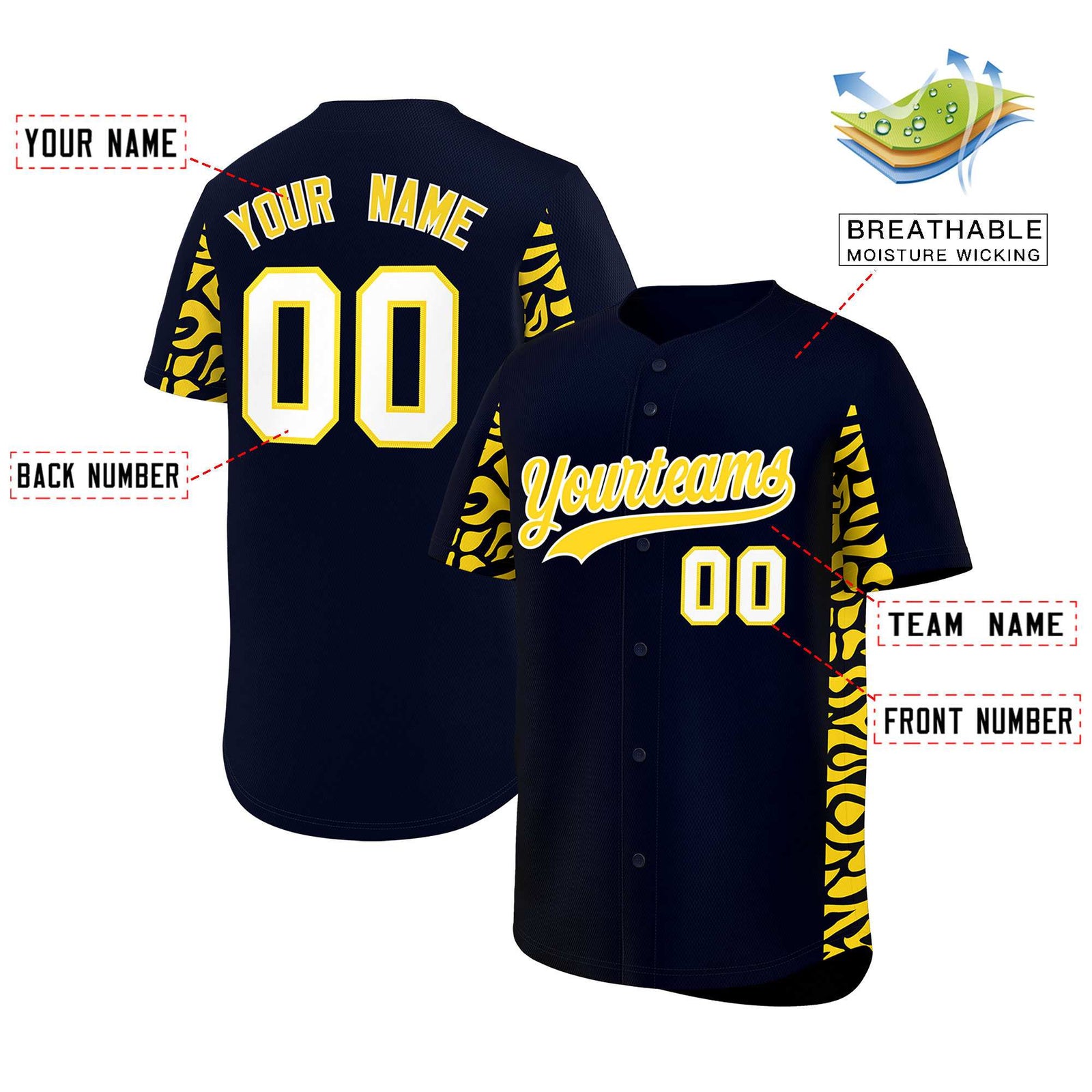 Custom Navy Gold Personalized Leopard Graffiti Pattern Side Design Authentic Baseball Jersey