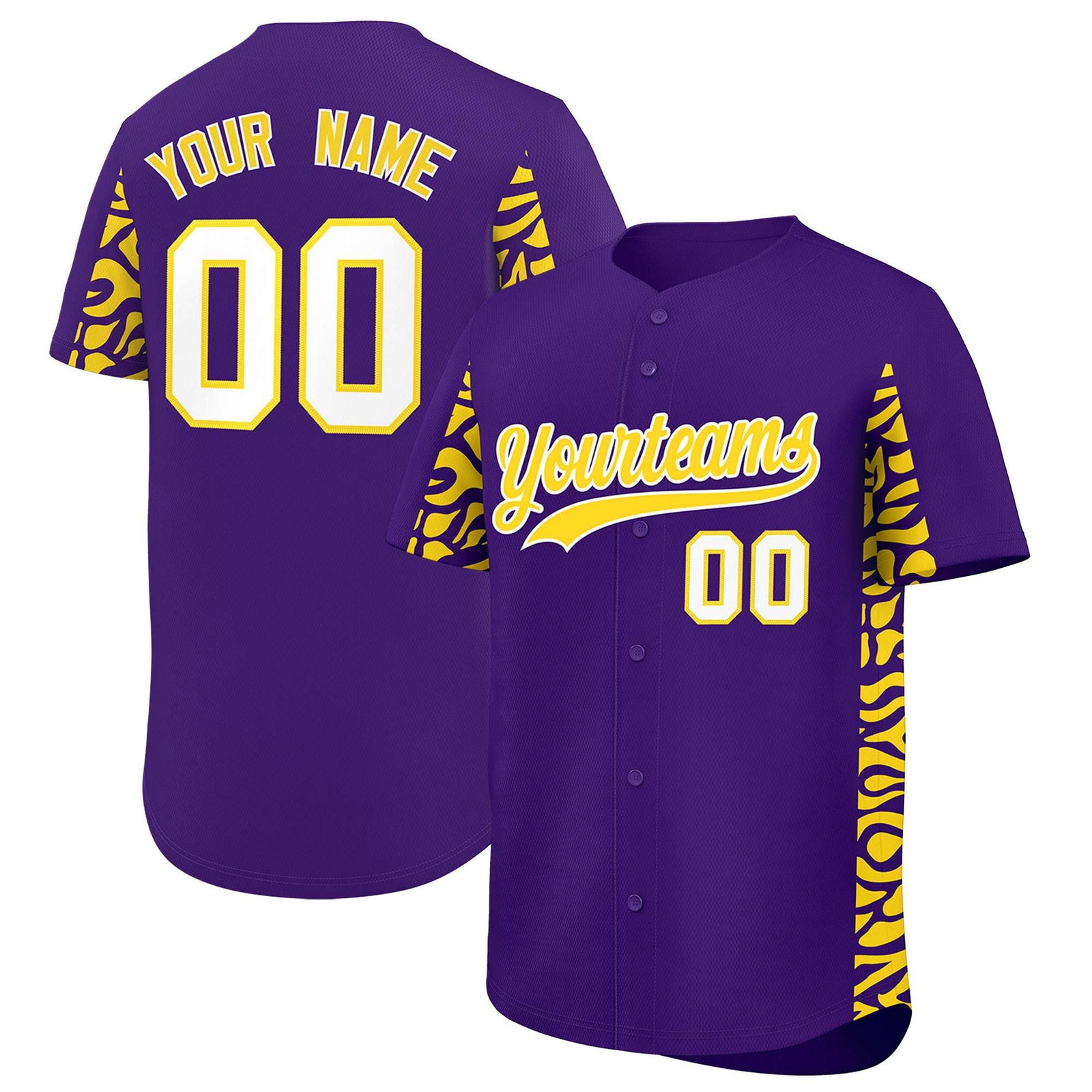 Custom Purple Gold Personalized Leopard Graffiti Pattern Side Design Authentic Baseball Jersey