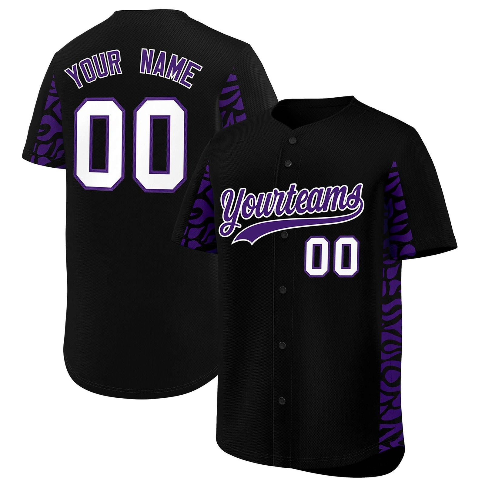 Custom Black Purple Personalized Leopard Graffiti Pattern Side Design Authentic Baseball Jersey