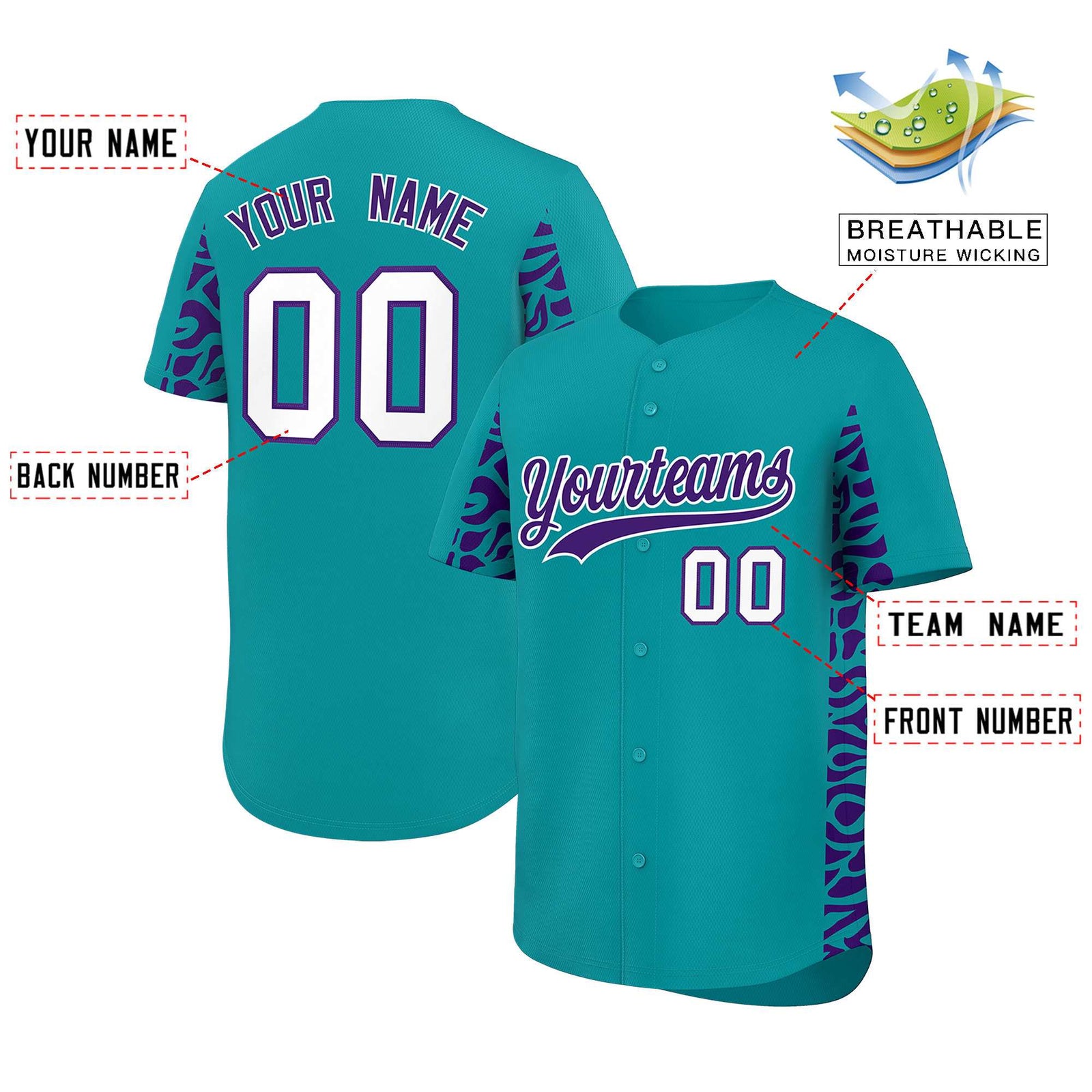 Custom Aqua Purple Personalized Leopard Graffiti Pattern Side Design Authentic Baseball Jersey