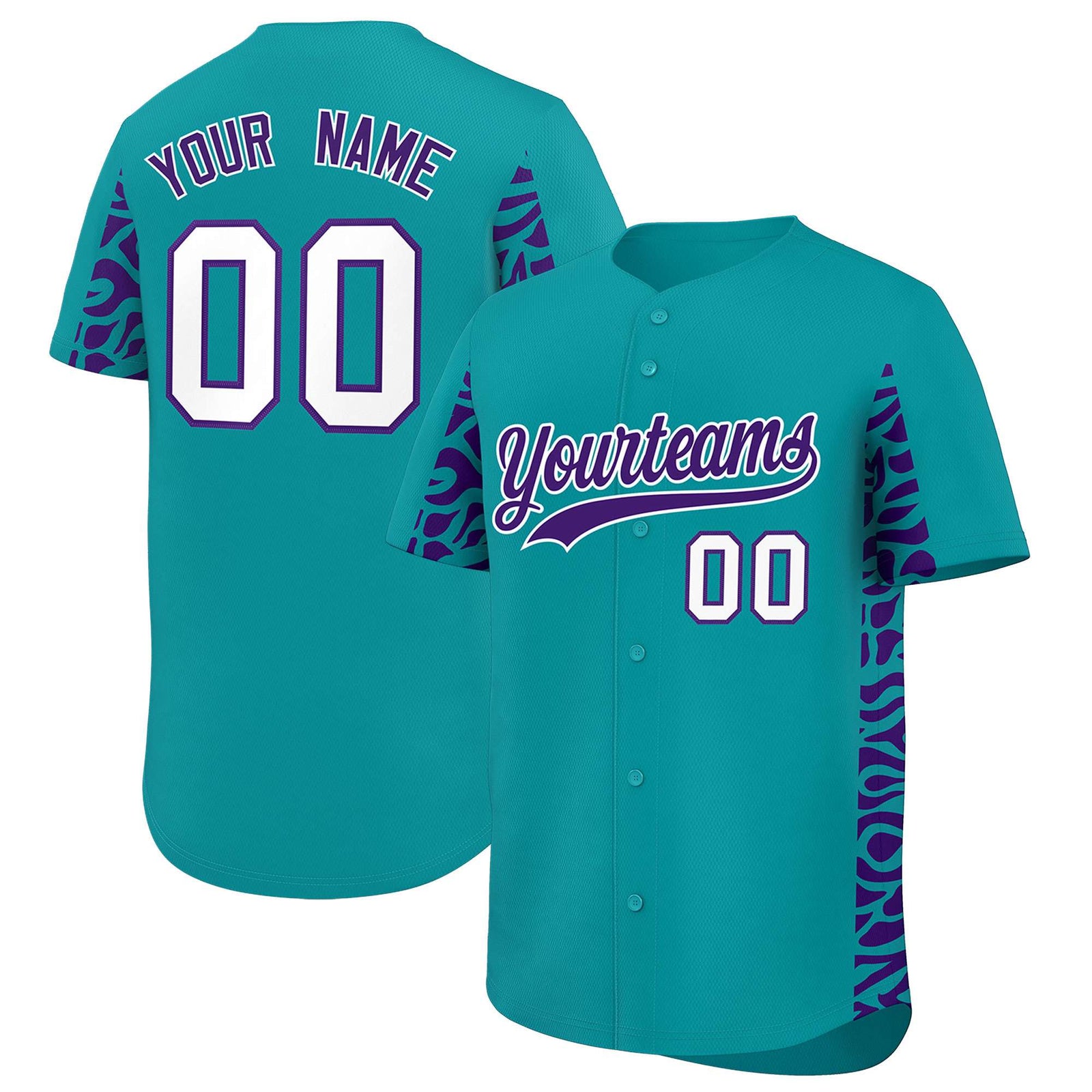 Custom Aqua Purple Personalized Leopard Graffiti Pattern Side Design Authentic Baseball Jersey