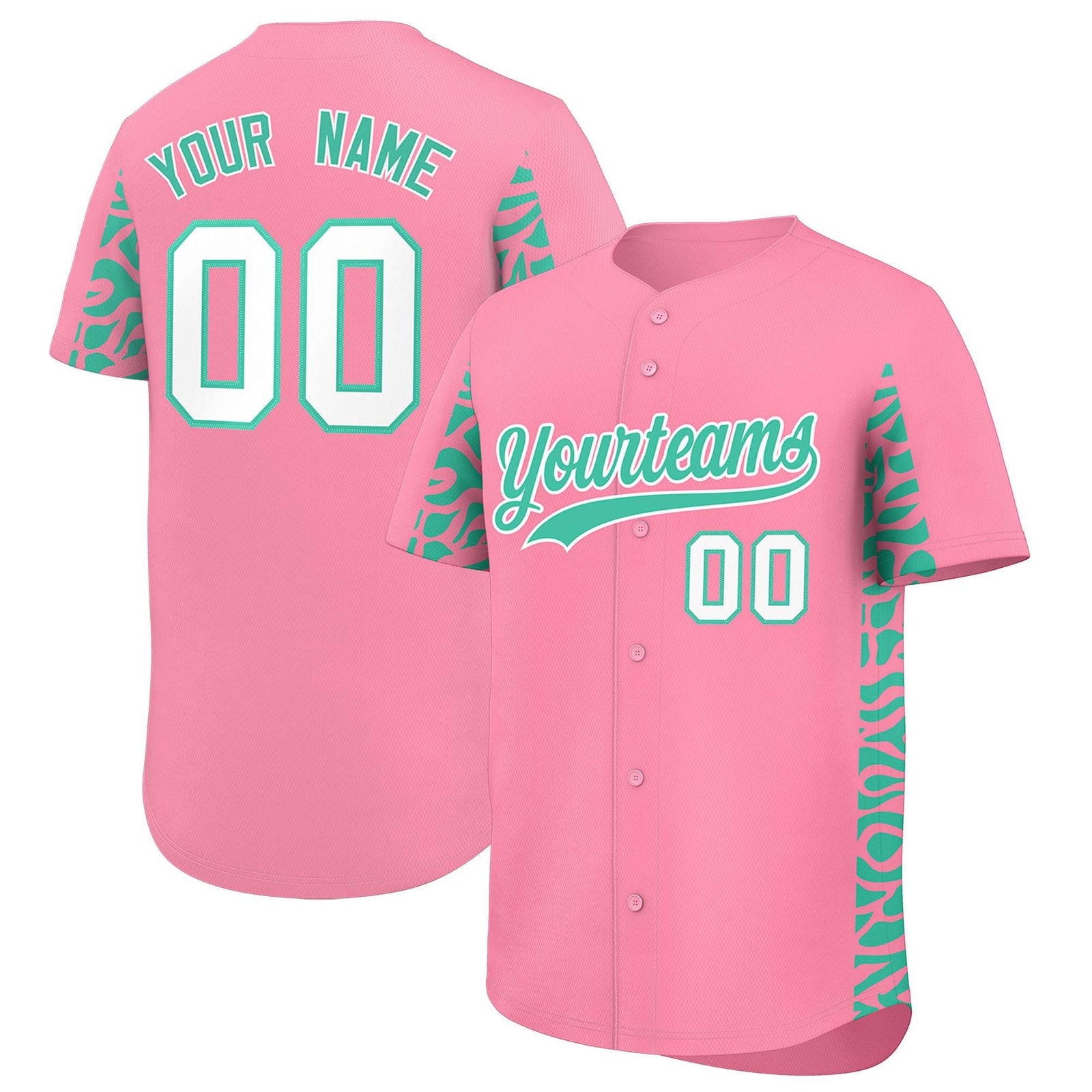 Custom Light Pink Bright Green Personalized Leopard Graffiti Pattern Side Design Authentic Baseball Jersey