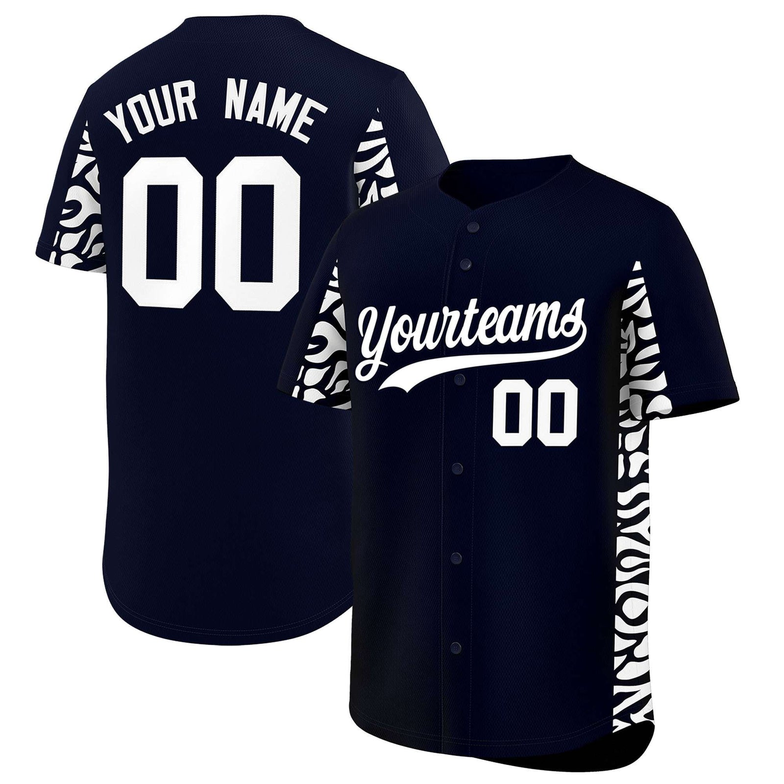 Custom Navy White Personalized Leopard Graffiti Pattern Side Design Authentic Baseball Jersey