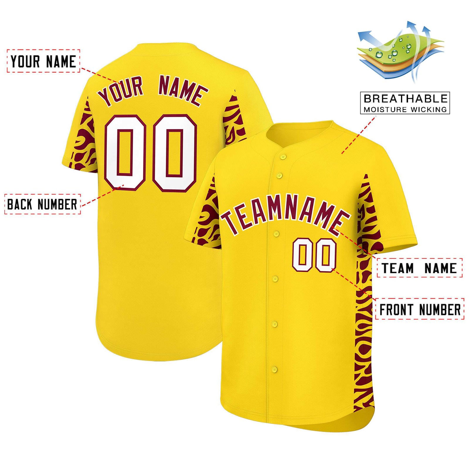 Custom Gold Crimson Personalized Leopard Graffiti Pattern Side Design Authentic Baseball Jersey