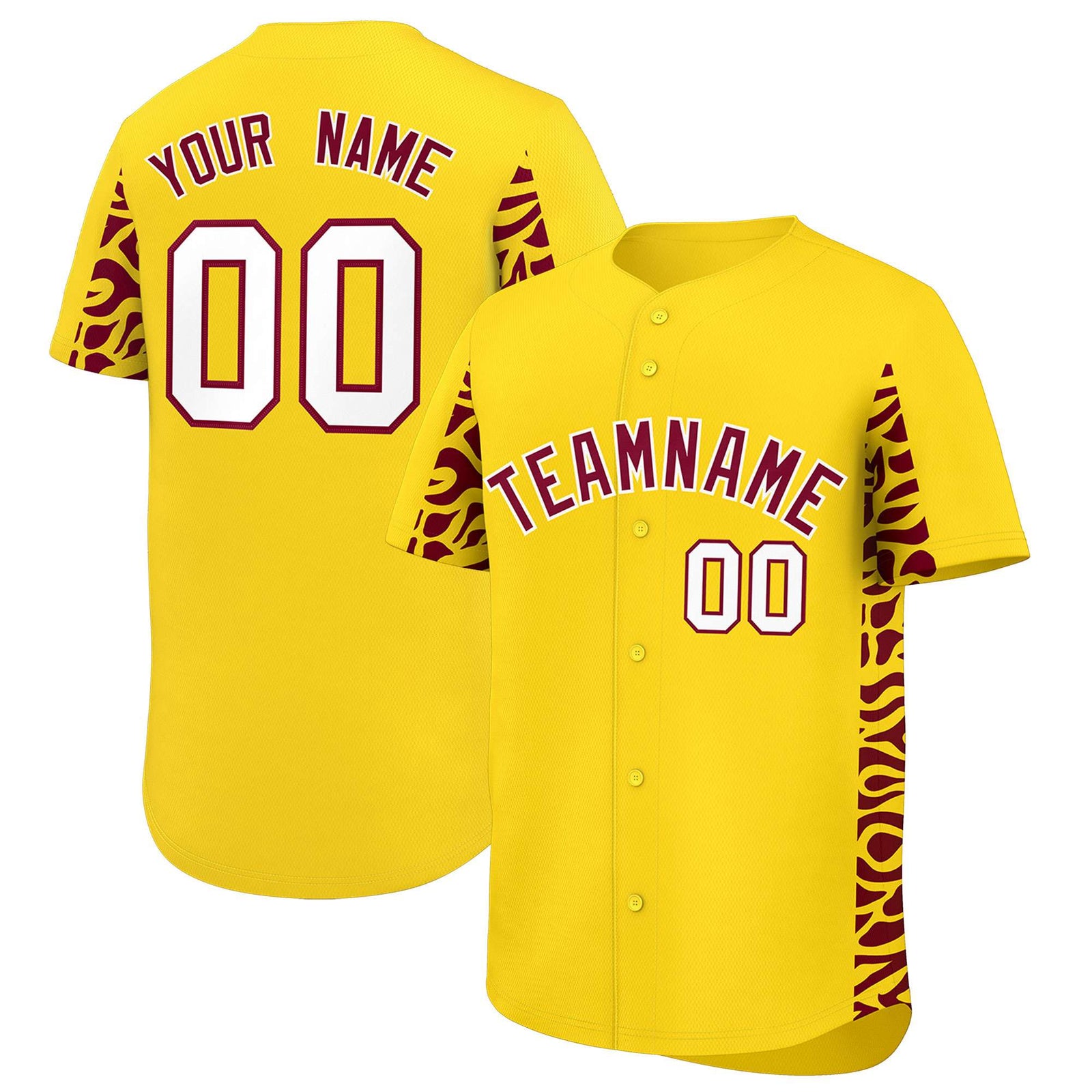 Custom Gold Crimson Personalized Leopard Graffiti Pattern Side Design Authentic Baseball Jersey
