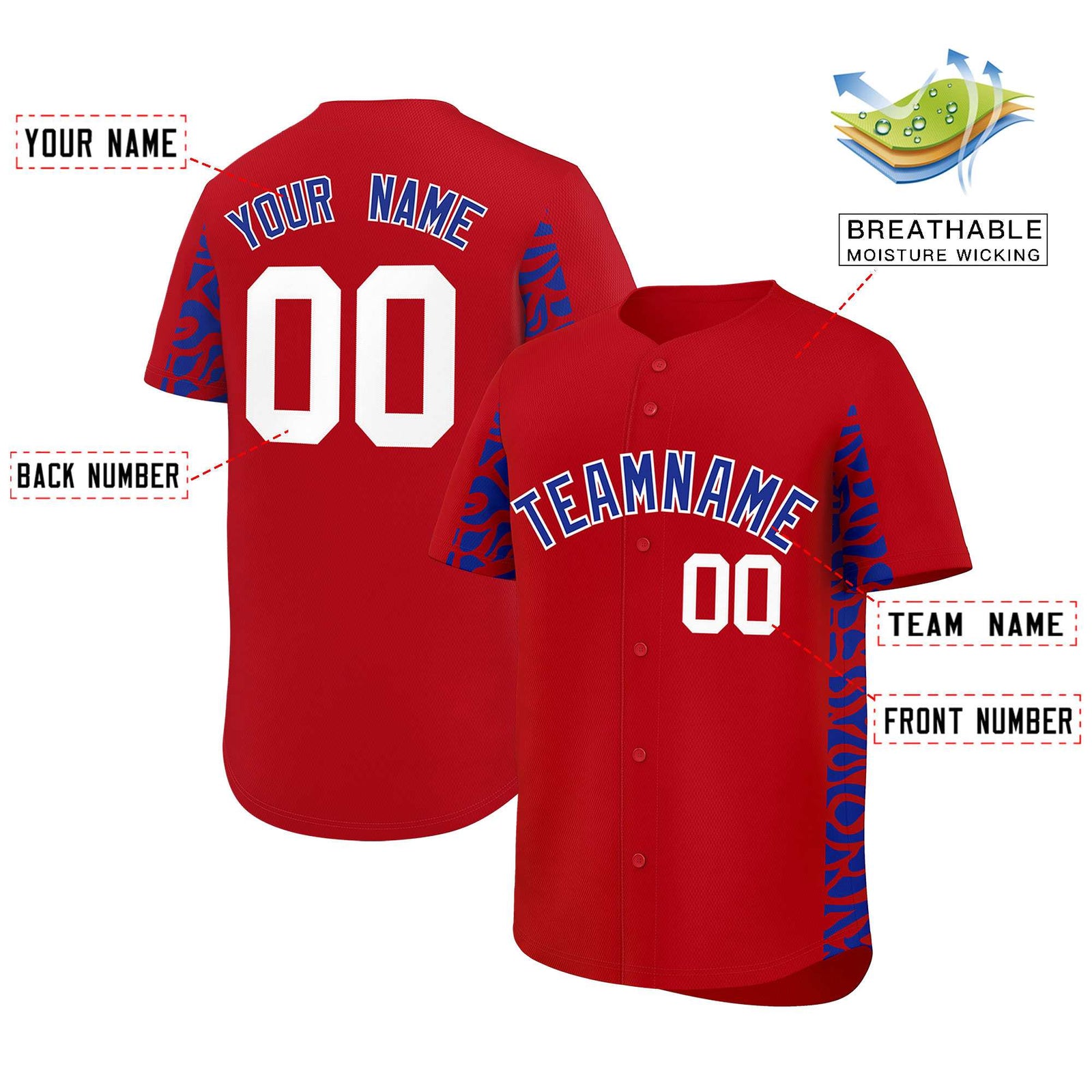 Custom Red Royal Personalized Leopard Graffiti Pattern Side Design Authentic Baseball Jersey