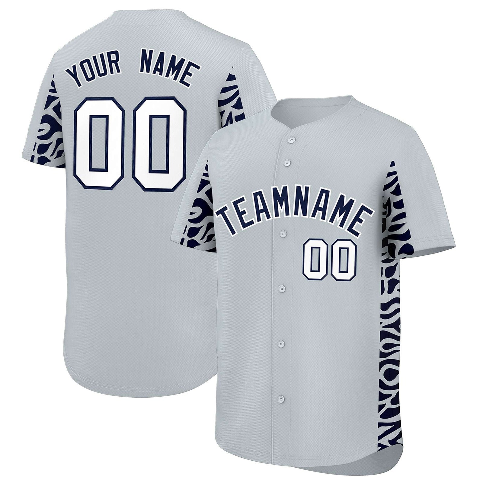 Custom Silver Navy Personalized Leopard Graffiti Pattern Side Design Authentic Baseball Jersey