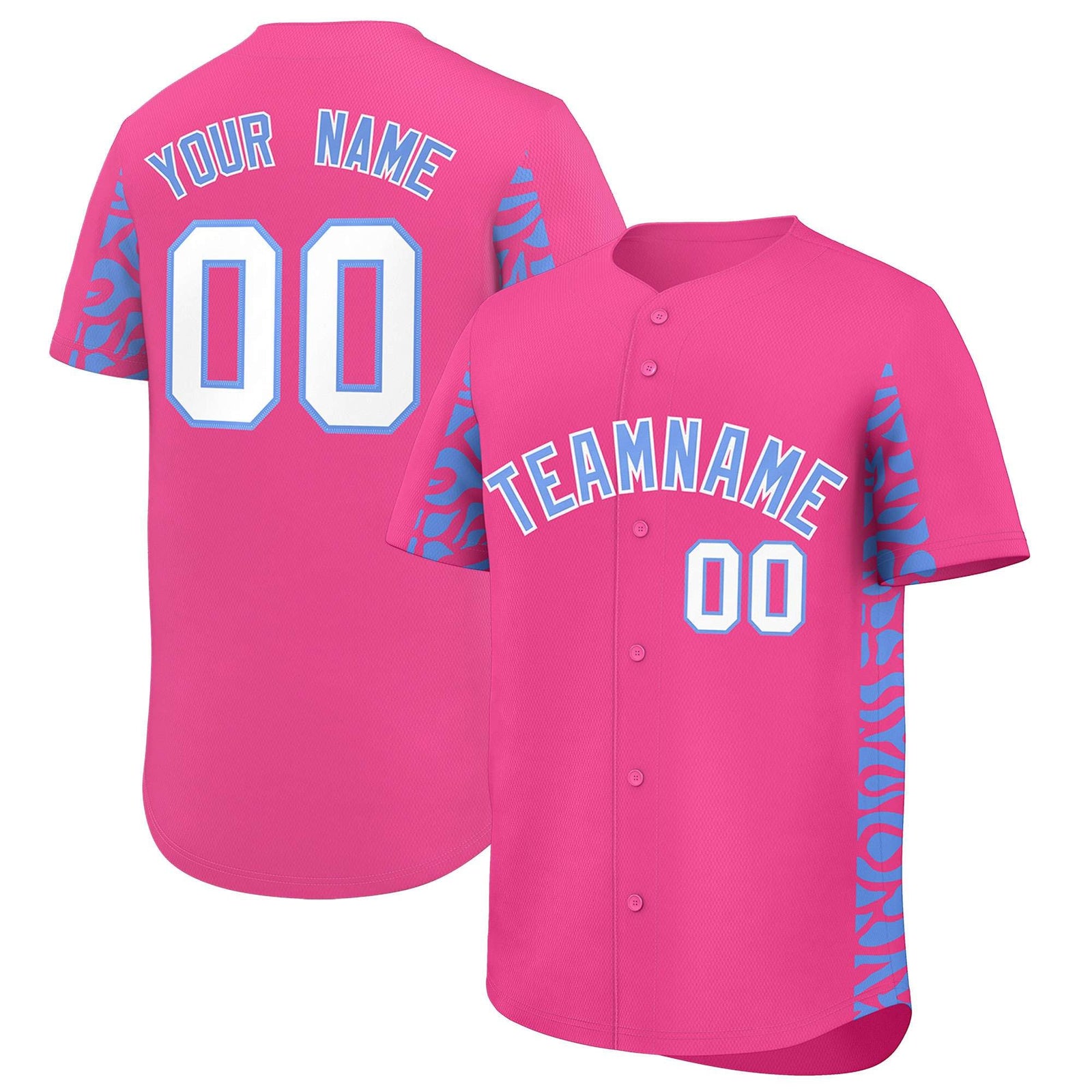 Custom Pink Powder Blue Personalized Leopard Graffiti Pattern Side Design Authentic Baseball Jersey