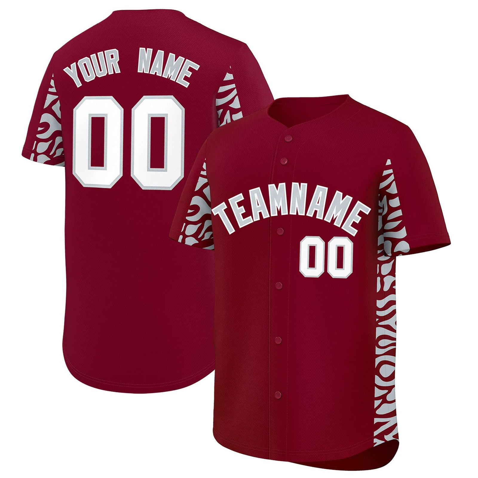 Custom Crimson Silver Personalized Leopard Graffiti Pattern Side Design Authentic Baseball Jersey