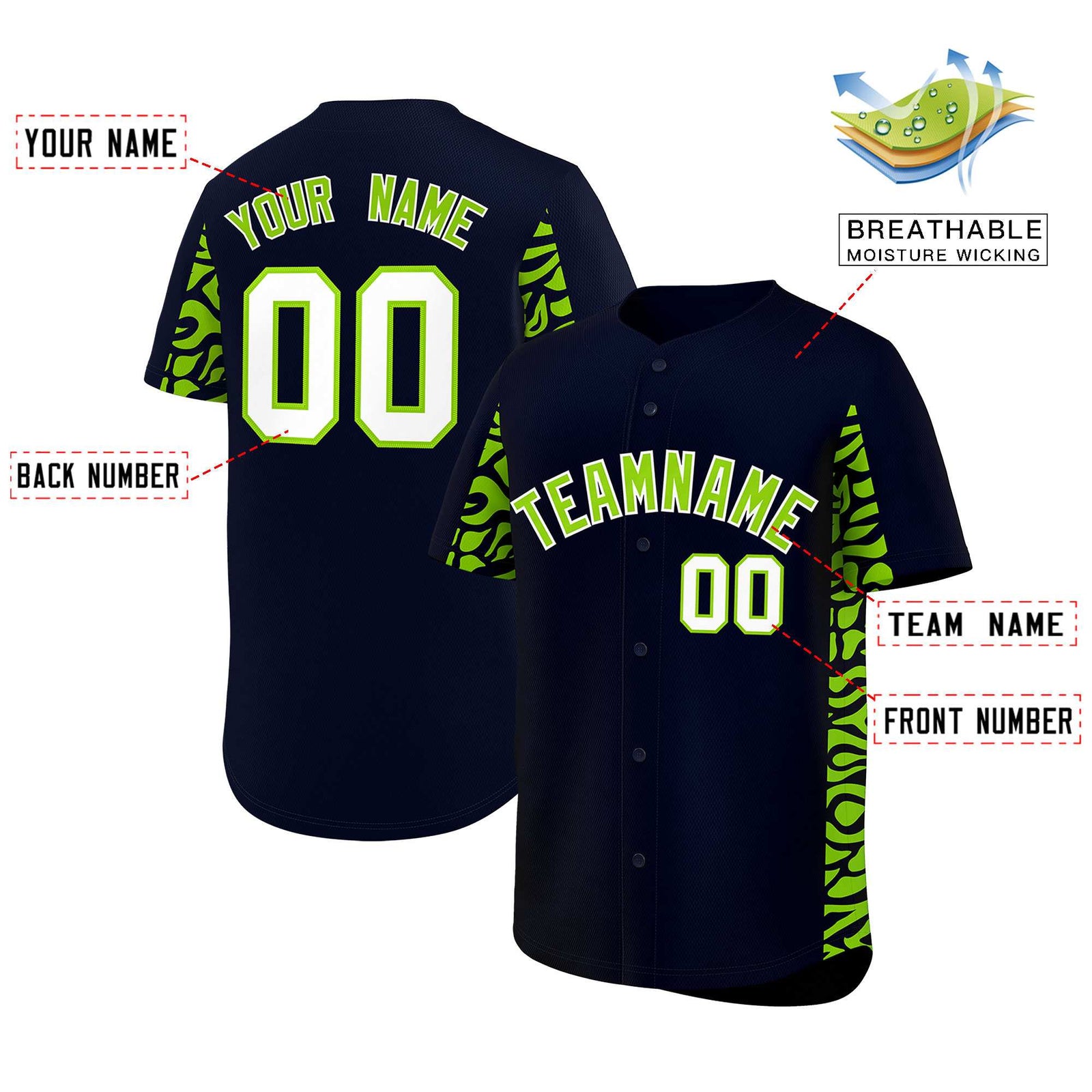 Custom Navy Neon Green Personalized Leopard Graffiti Pattern Side Design Authentic Baseball Jersey