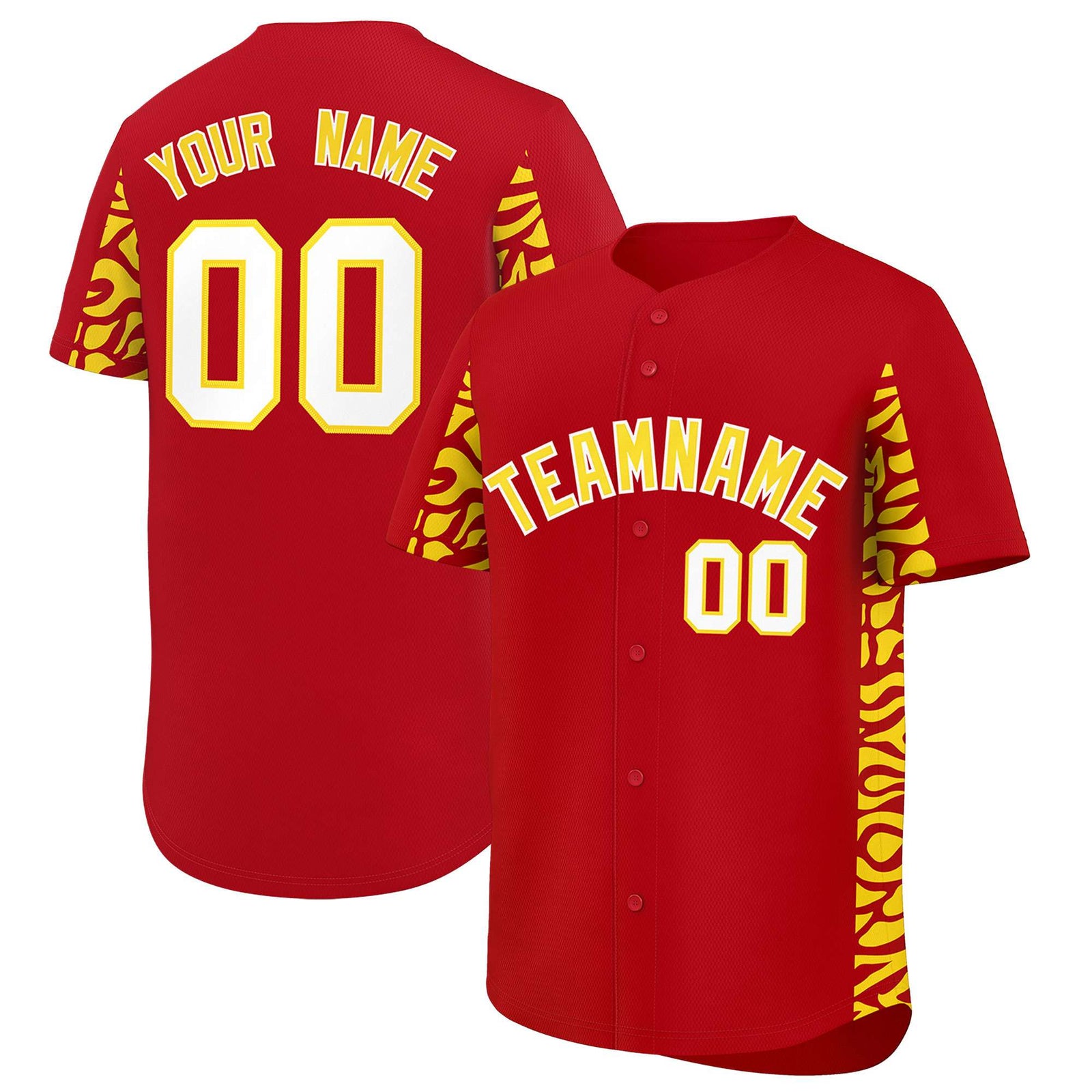 Custom Red Gold Personalized Leopard Graffiti Pattern Side Design Authentic Baseball Jersey