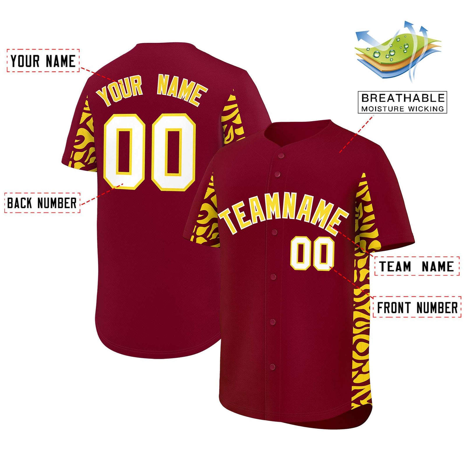 Custom Crimson Gold Personalized Leopard Graffiti Pattern Side Design Authentic Baseball Jersey