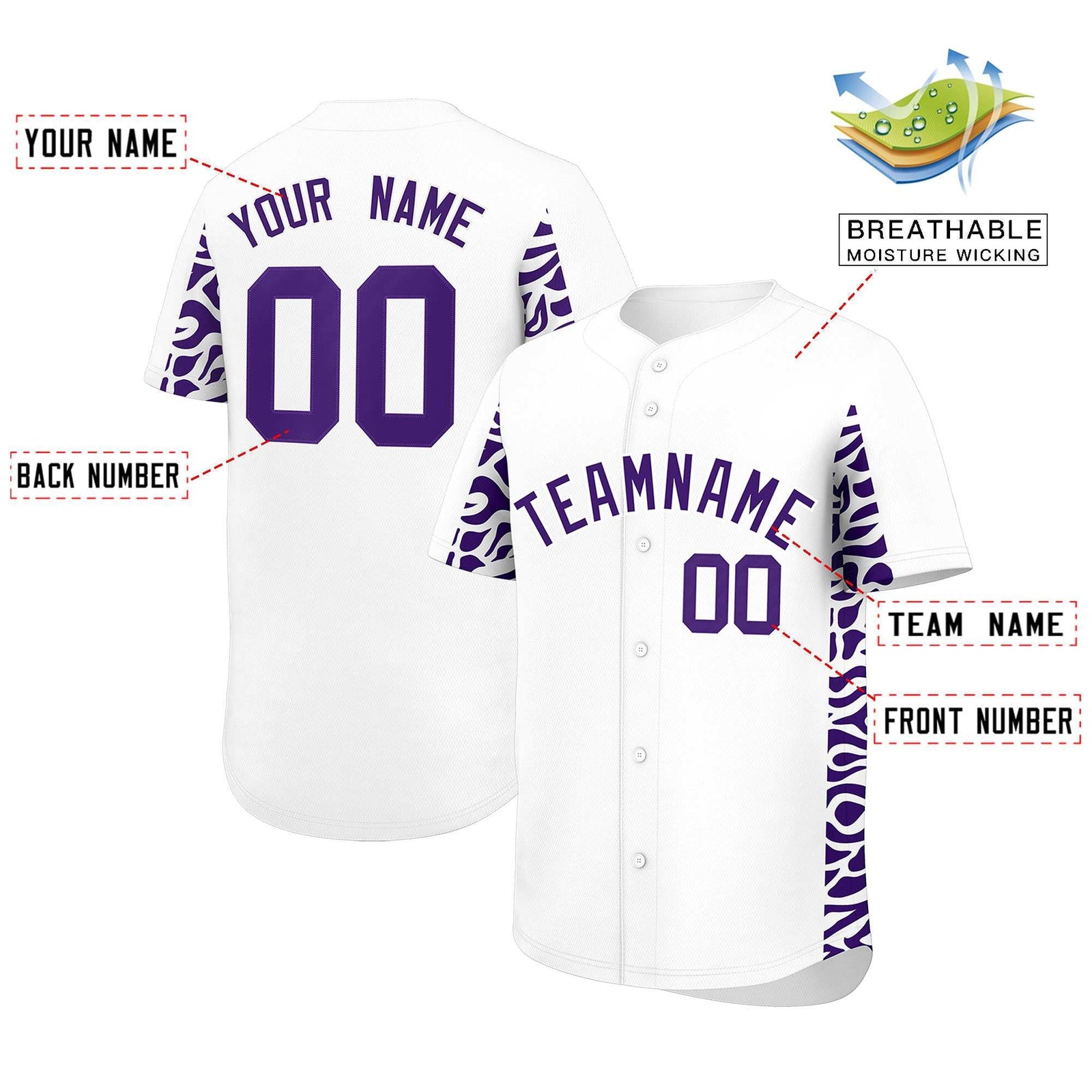 Custom White Purple Personalized Leopard Graffiti Pattern Side Design Authentic Baseball Jersey