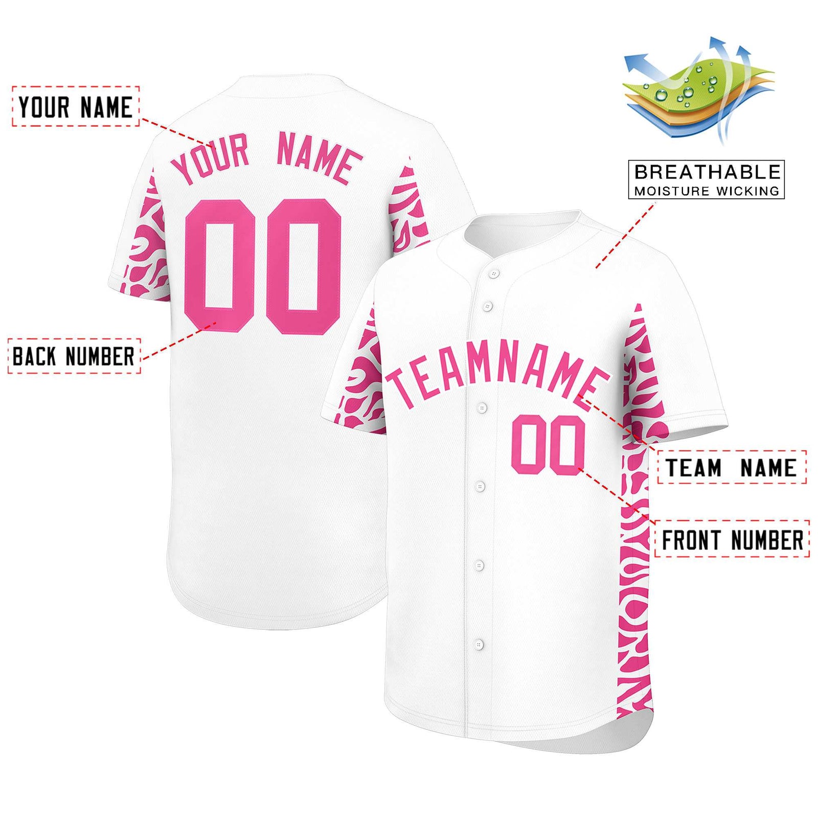 Custom White Pink Personalized Leopard Graffiti Pattern Side Design Authentic Baseball Jersey