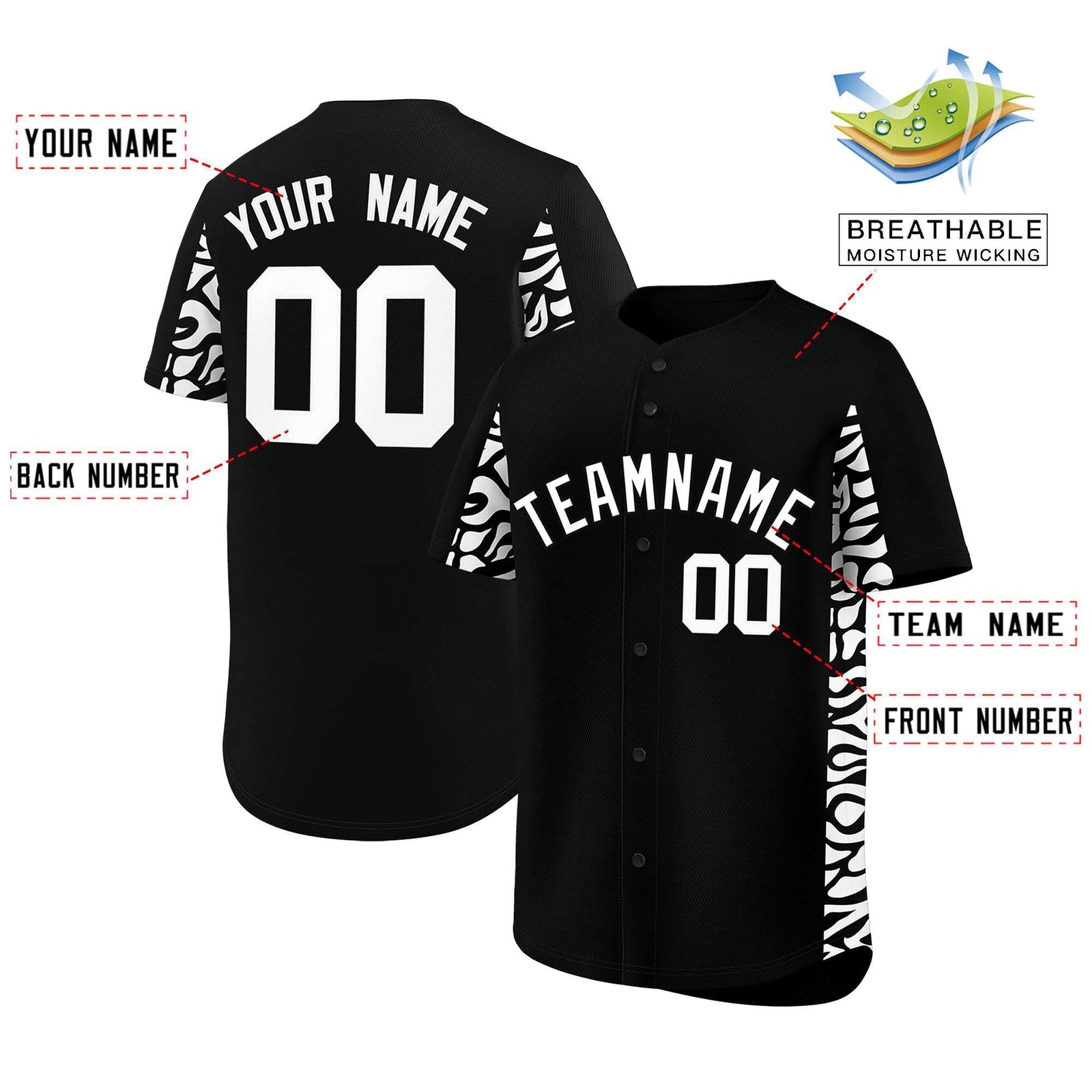 Custom Black White Personalized Leopard Graffiti Pattern Side Design Authentic Baseball Jersey