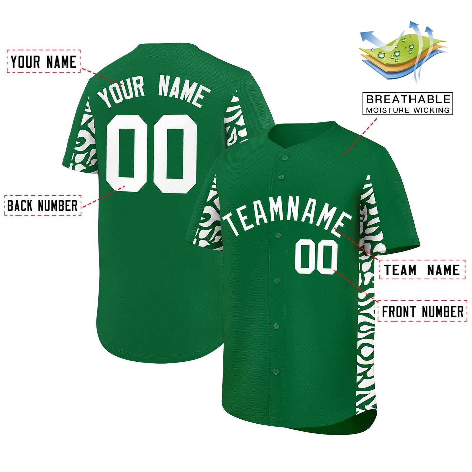 Custom Kelly Green White Personalized Leopard Graffiti Pattern Side Design Authentic Baseball Jersey