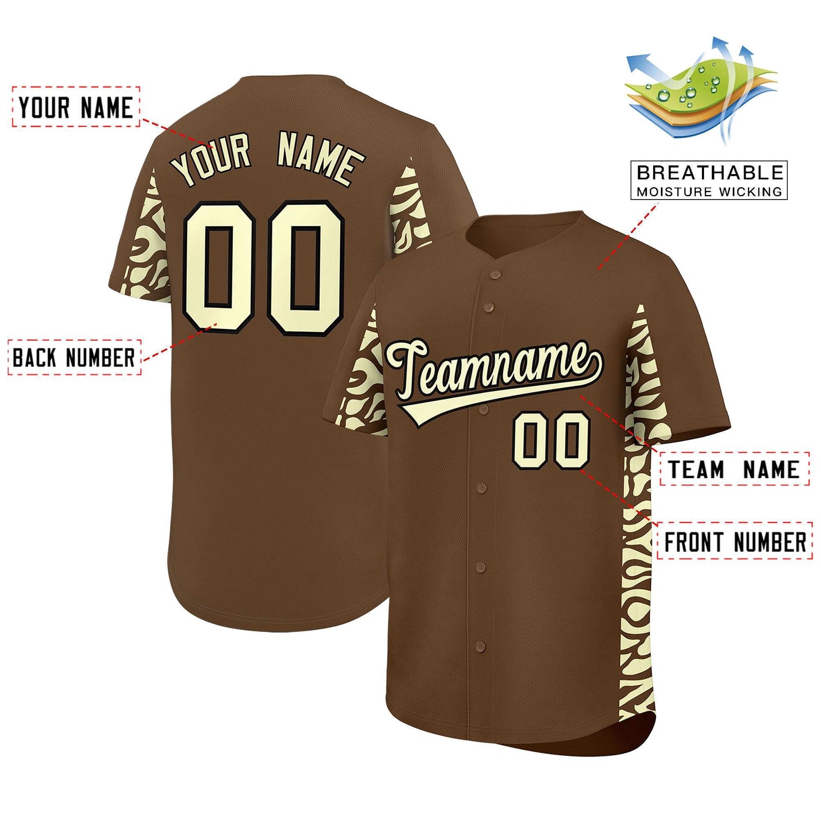 Custom Light Brown Cream Personalized Leopard Graffiti Pattern Side Design Authentic Baseball Jersey