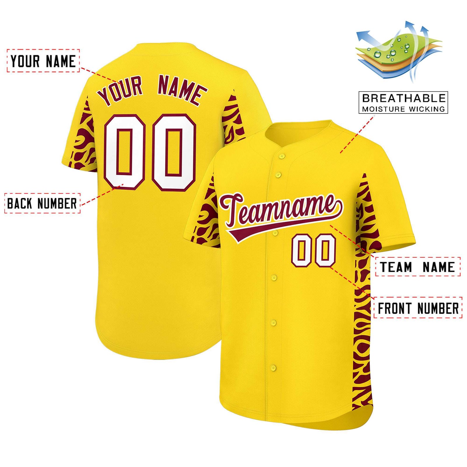 Custom Gold Crimson Personalized Leopard Graffiti Pattern Side Design Authentic Baseball Jersey