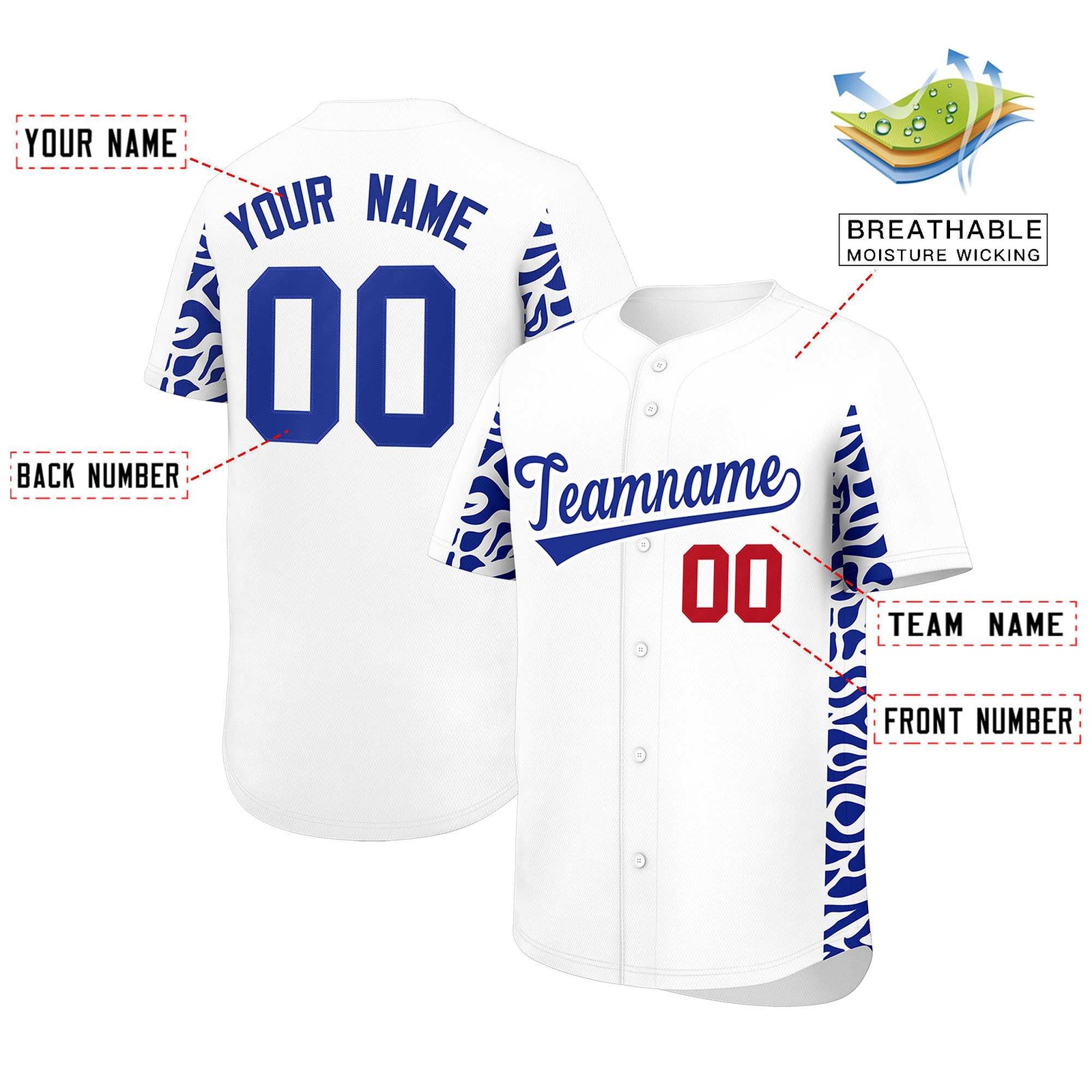 Custom White Royal Personalized Leopard Graffiti Pattern Side Design Authentic Baseball Jersey