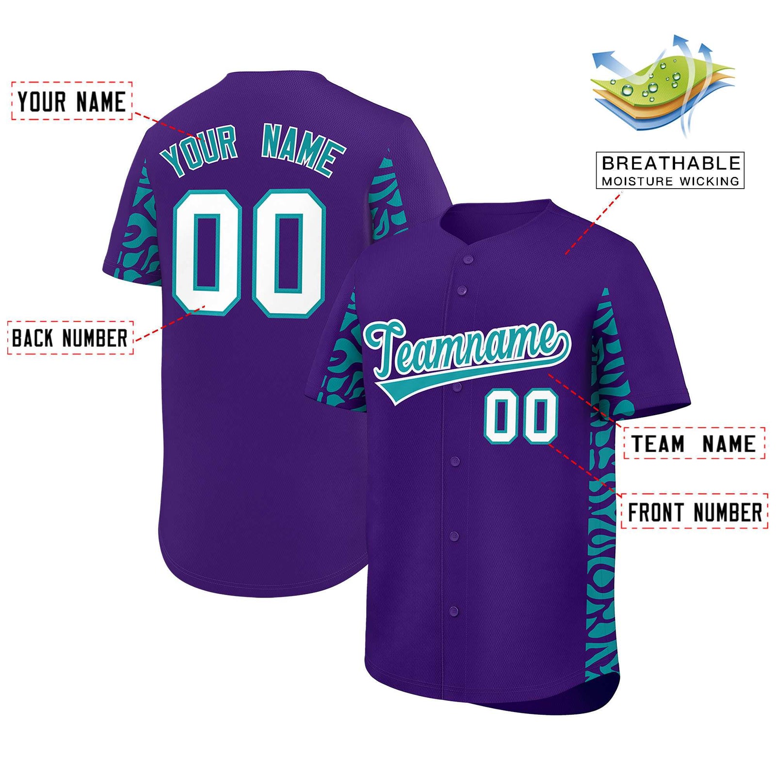 Custom Purple Aqua Personalized Leopard Graffiti Pattern Side Design Authentic Baseball Jersey