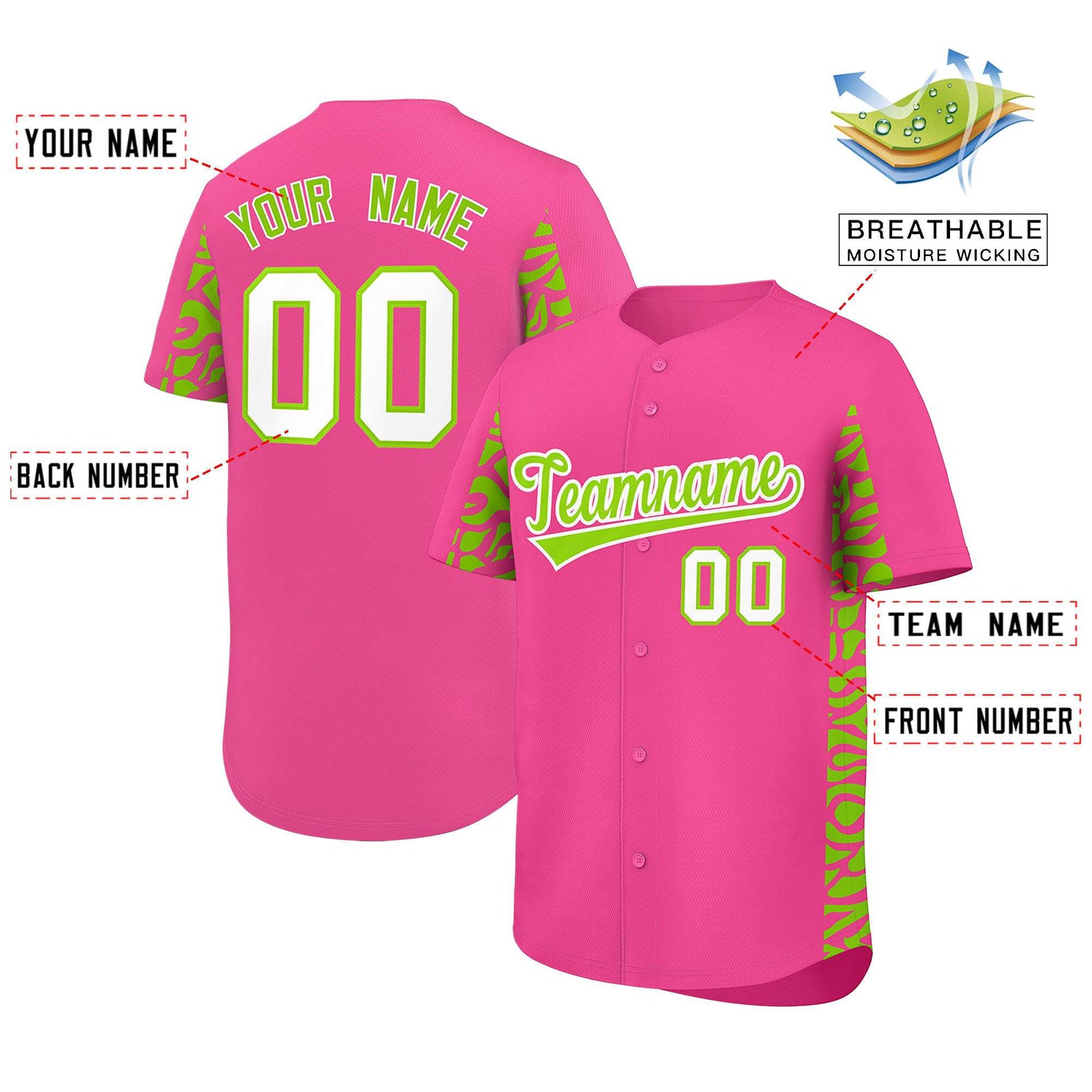 Custom Pink Neon Green Personalized Leopard Graffiti Pattern Side Design Authentic Baseball Jersey