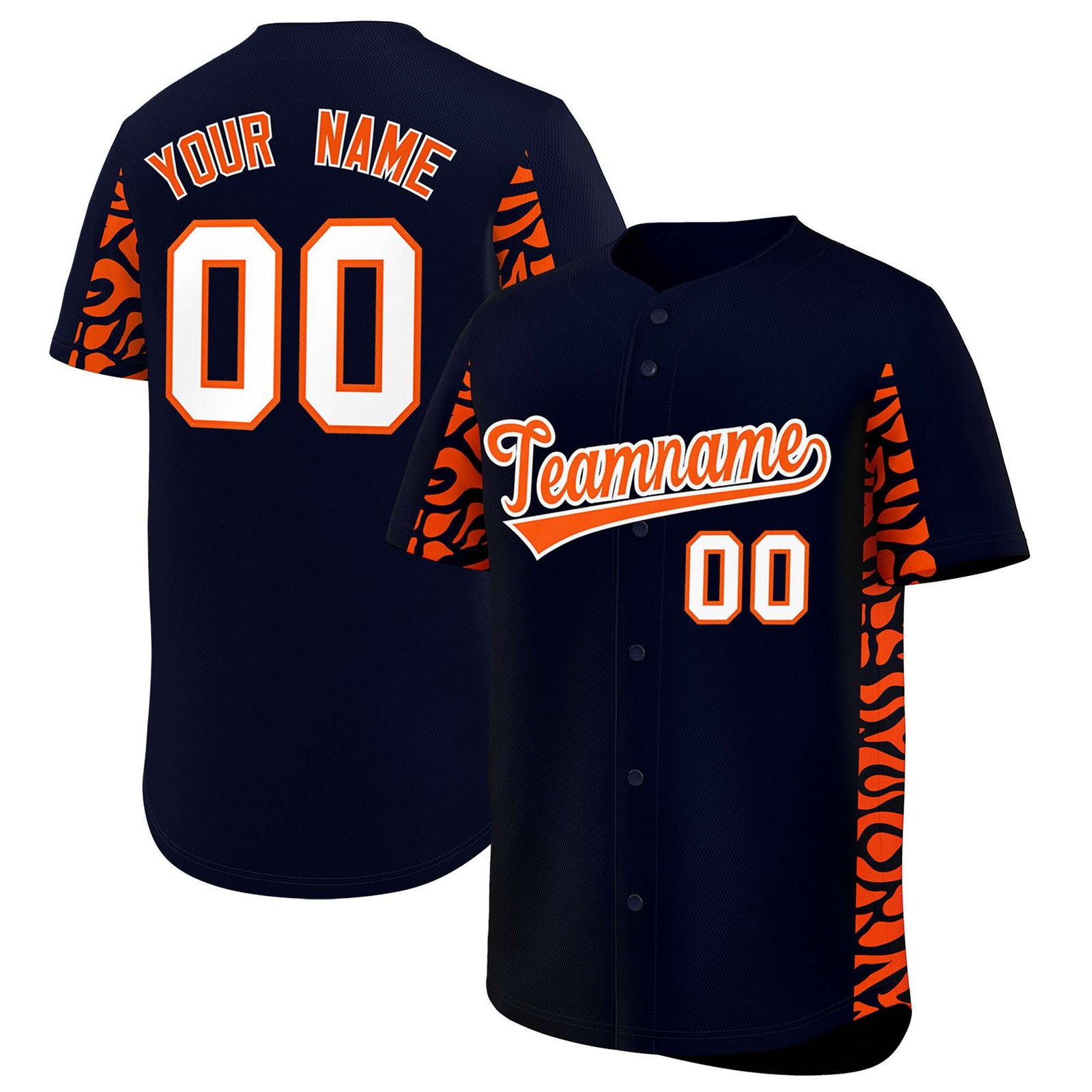 Custom Navy Orange Personalized Leopard Graffiti Pattern Side Design Authentic Baseball Jersey