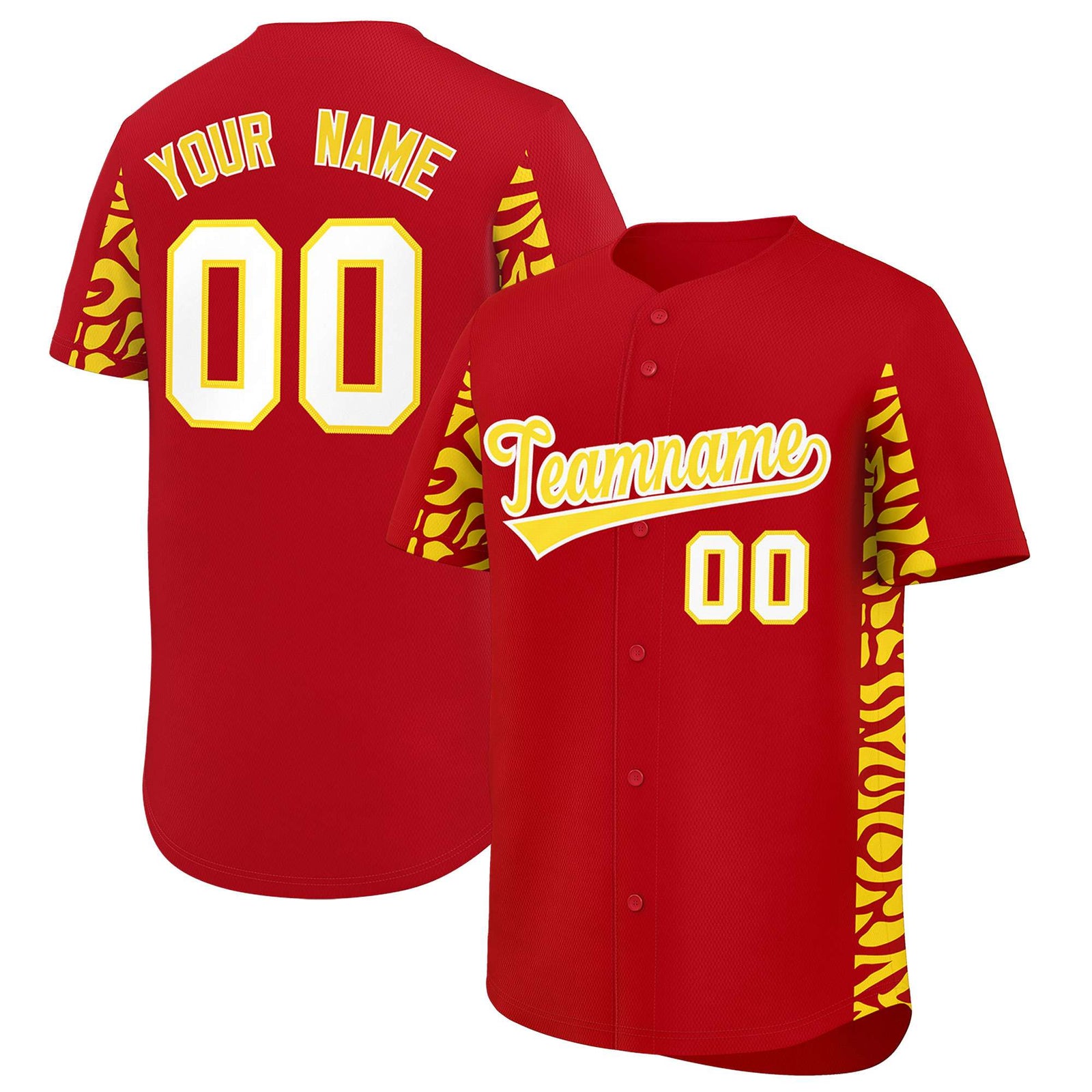 Custom Red Gold Personalized Leopard Graffiti Pattern Side Design Authentic Baseball Jersey