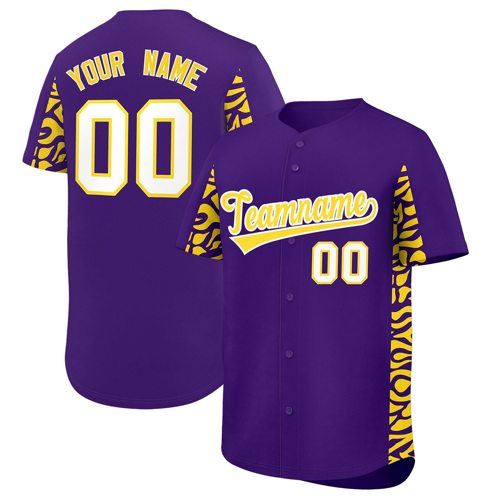 Custom Purple Gold Personalized Leopard Graffiti Pattern Side Design Authentic Baseball Jersey