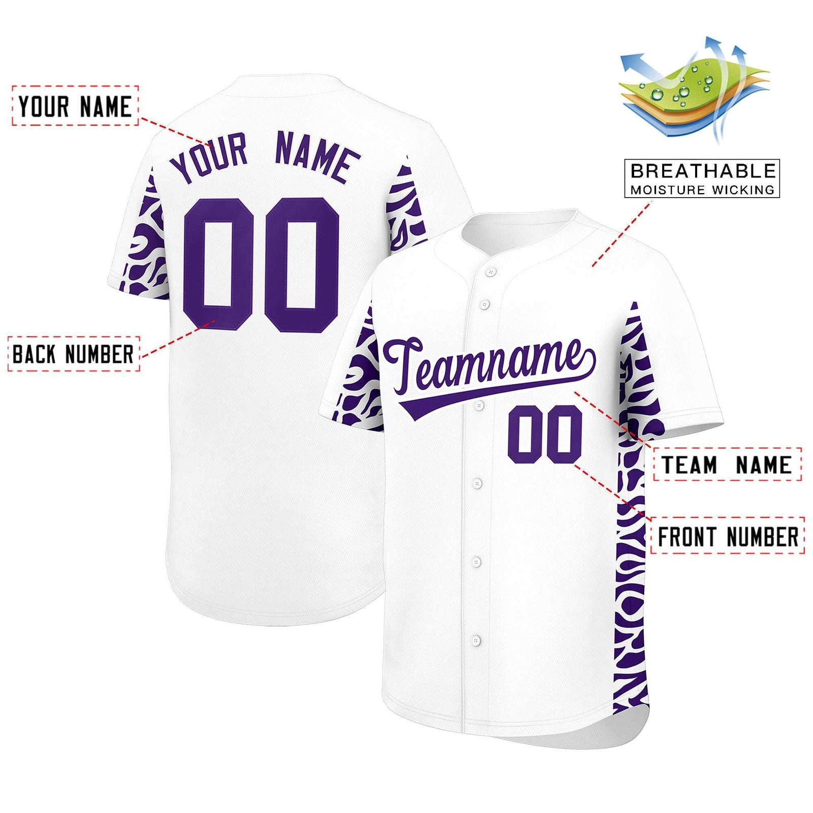 Custom White Purple Personalized Leopard Graffiti Pattern Side Design Authentic Baseball Jersey