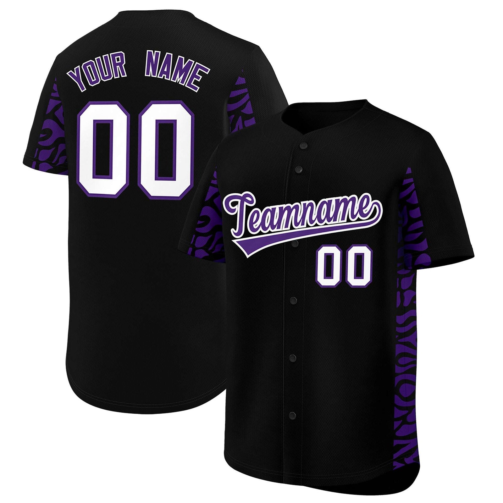 Custom Black Purple Personalized Leopard Graffiti Pattern Side Design Authentic Baseball Jersey