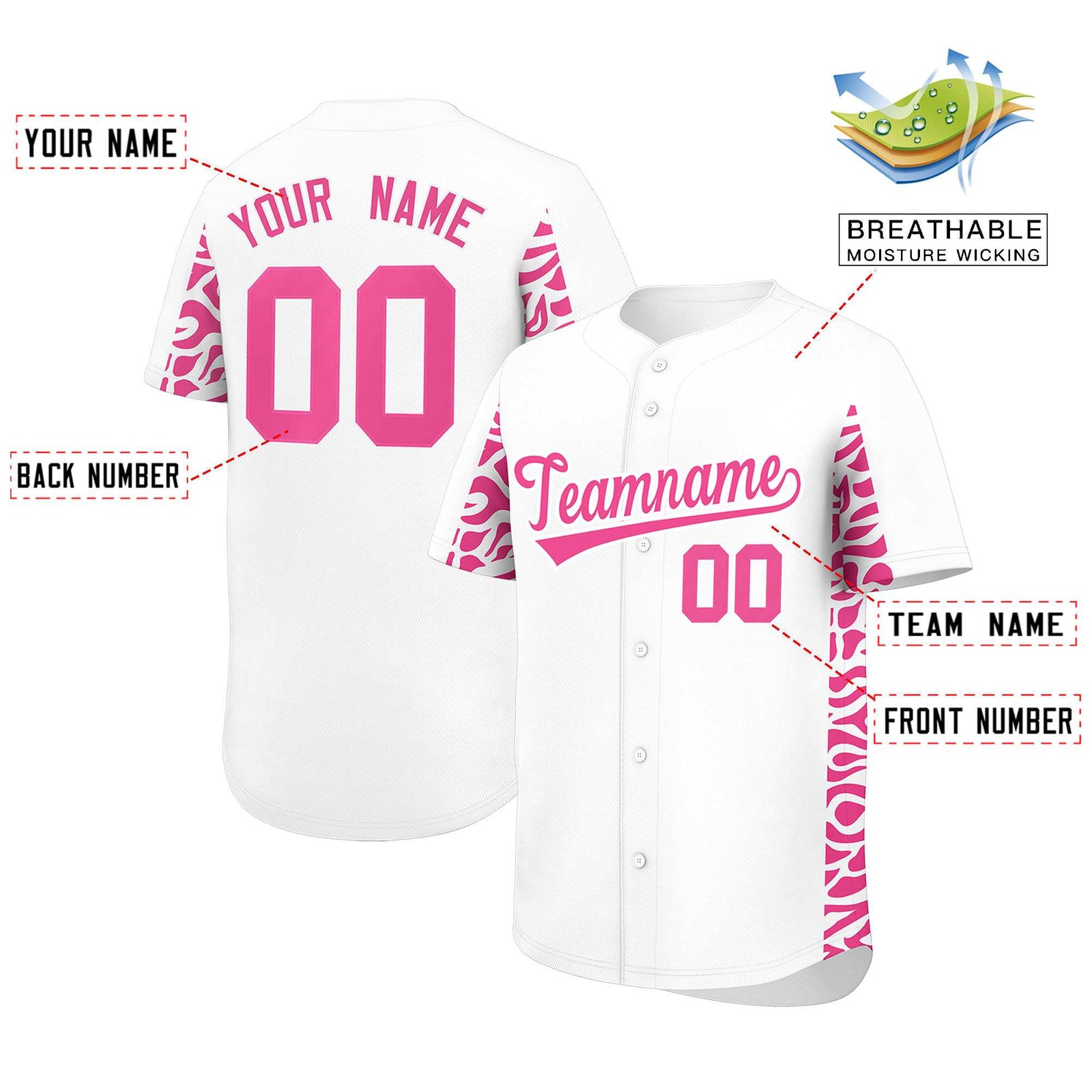 Custom White Pink Personalized Leopard Graffiti Pattern Side Design Authentic Baseball Jersey