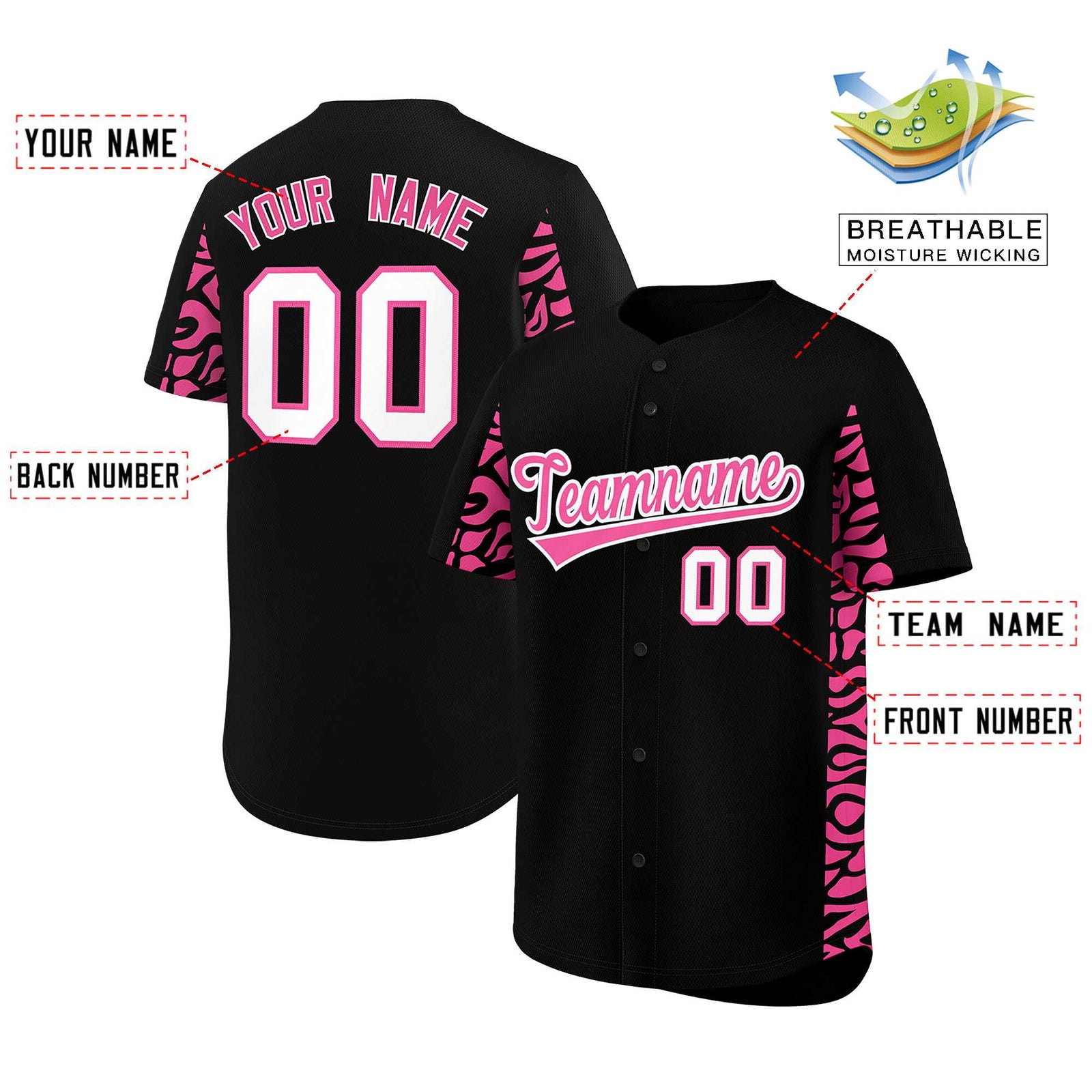 Custom Black Pink Personalized Leopard Graffiti Pattern Side Design Authentic Baseball Jersey