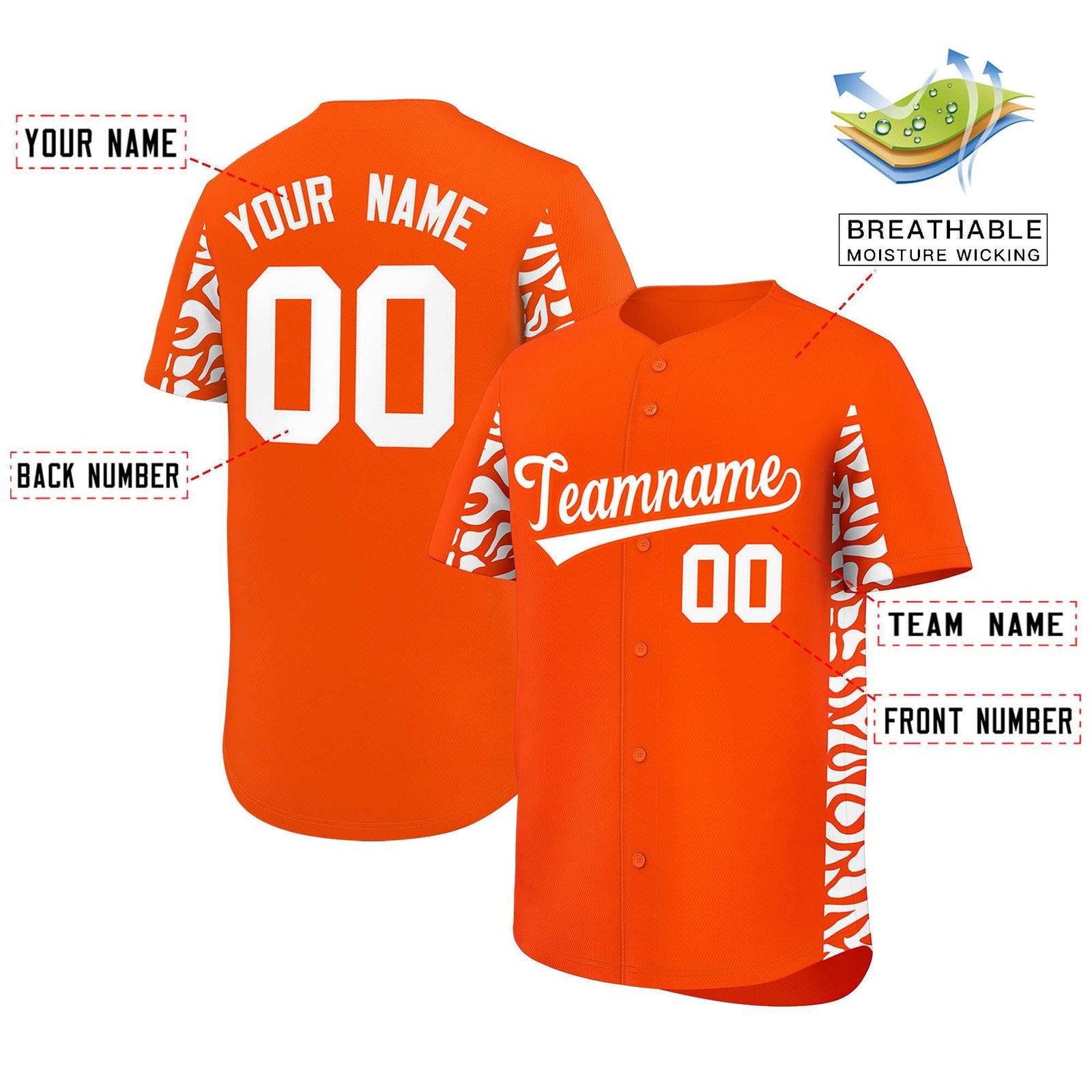 Custom Orange White Personalized Leopard Graffiti Pattern Side Design Authentic Baseball Jersey