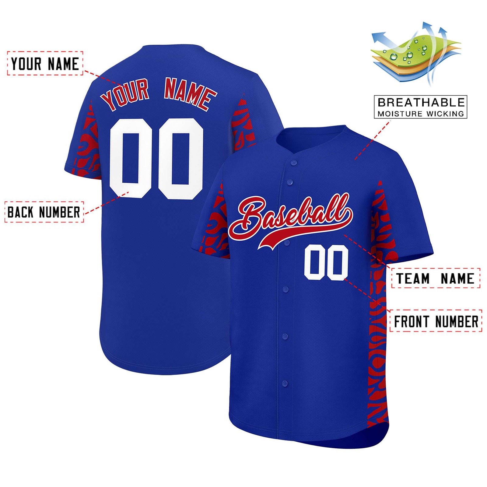 Custom Royal Red Personalized Leopard Graffiti Pattern Side Design Authentic Baseball Jersey