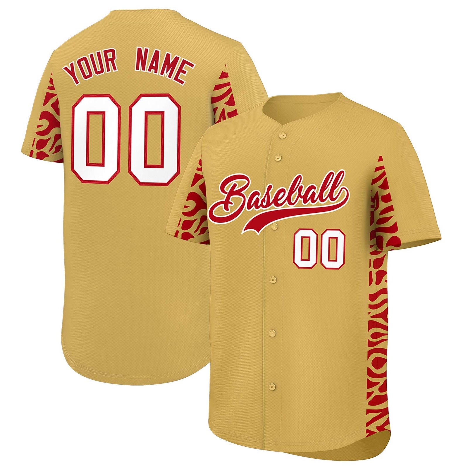 Custom Old Gold Red Personalized Leopard Graffiti Pattern Side Design Authentic Baseball Jersey