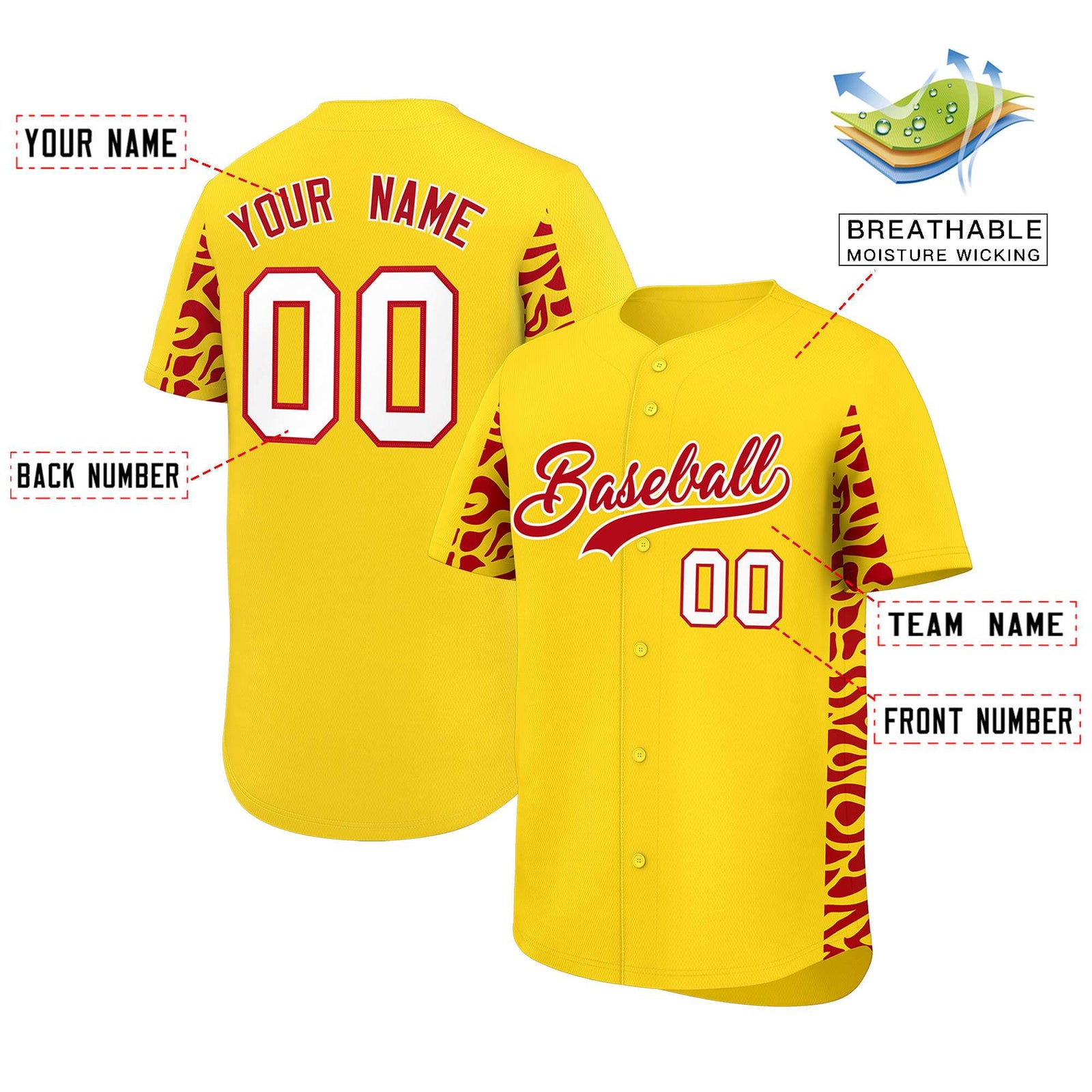 Custom Gold Red Personalized Leopard Graffiti Pattern Side Design Authentic Baseball Jersey