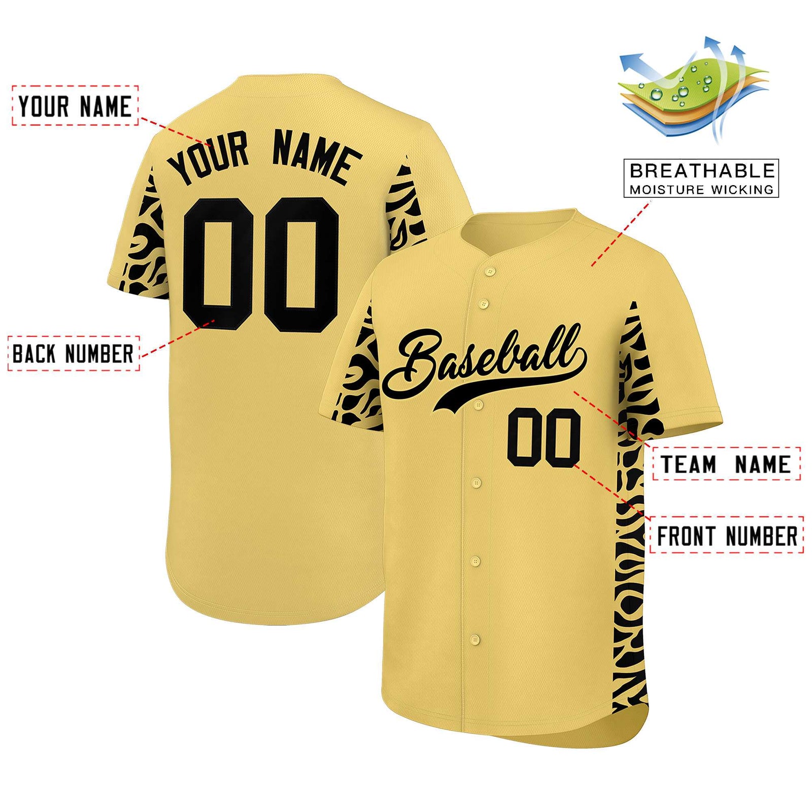 Custom Khaki Black Personalized Leopard Graffiti Pattern Side Design Authentic Baseball Jersey