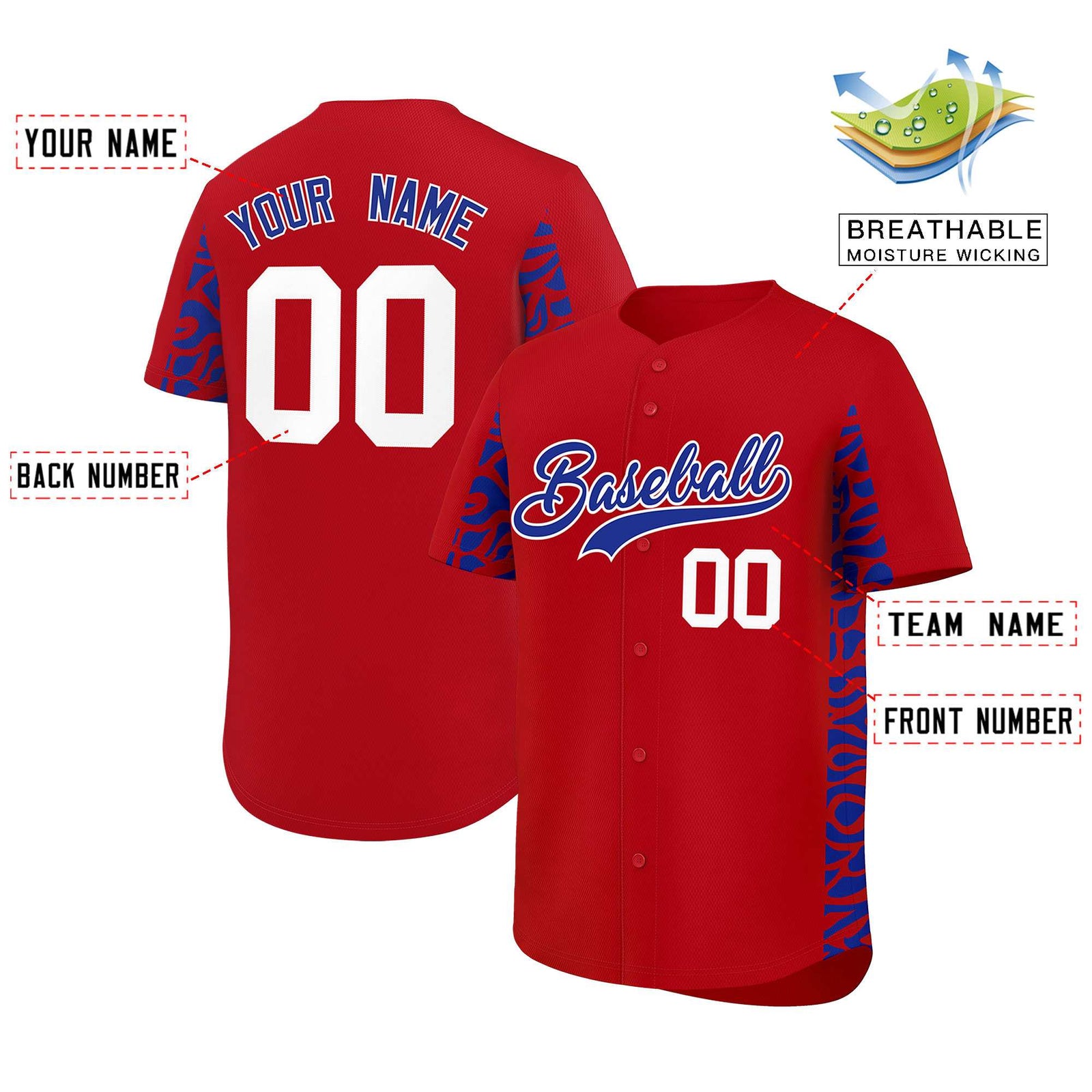 Custom Red Royal Personalized Leopard Graffiti Pattern Side Design Authentic Baseball Jersey