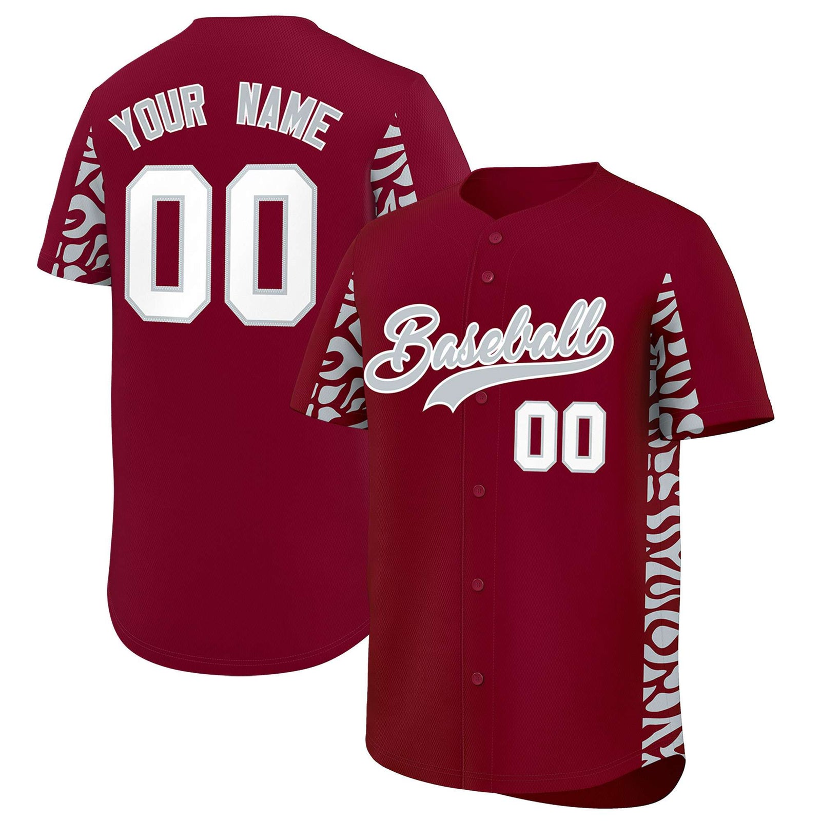 Custom Crimson Silver Personalized Leopard Graffiti Pattern Side Design Authentic Baseball Jersey