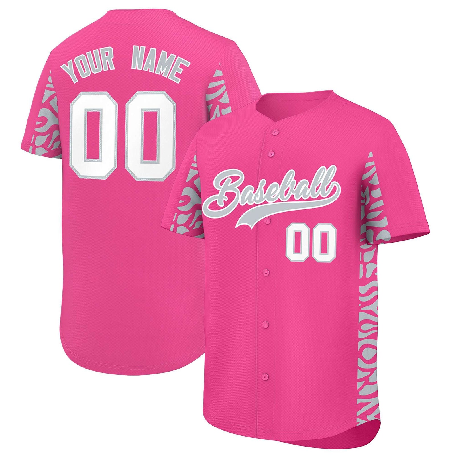 Custom Pink Silver Personalized Leopard Graffiti Pattern Side Design Authentic Baseball Jersey