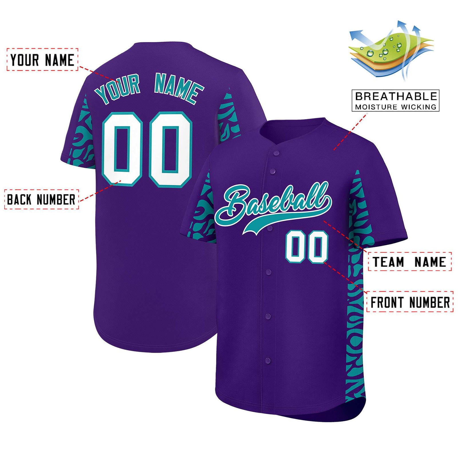 Custom Purple Aqua Personalized Leopard Graffiti Pattern Side Design Authentic Baseball Jersey